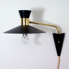 Midcentury Black and Brass Pierre Guariche Style Articulating Wall Light Sconce