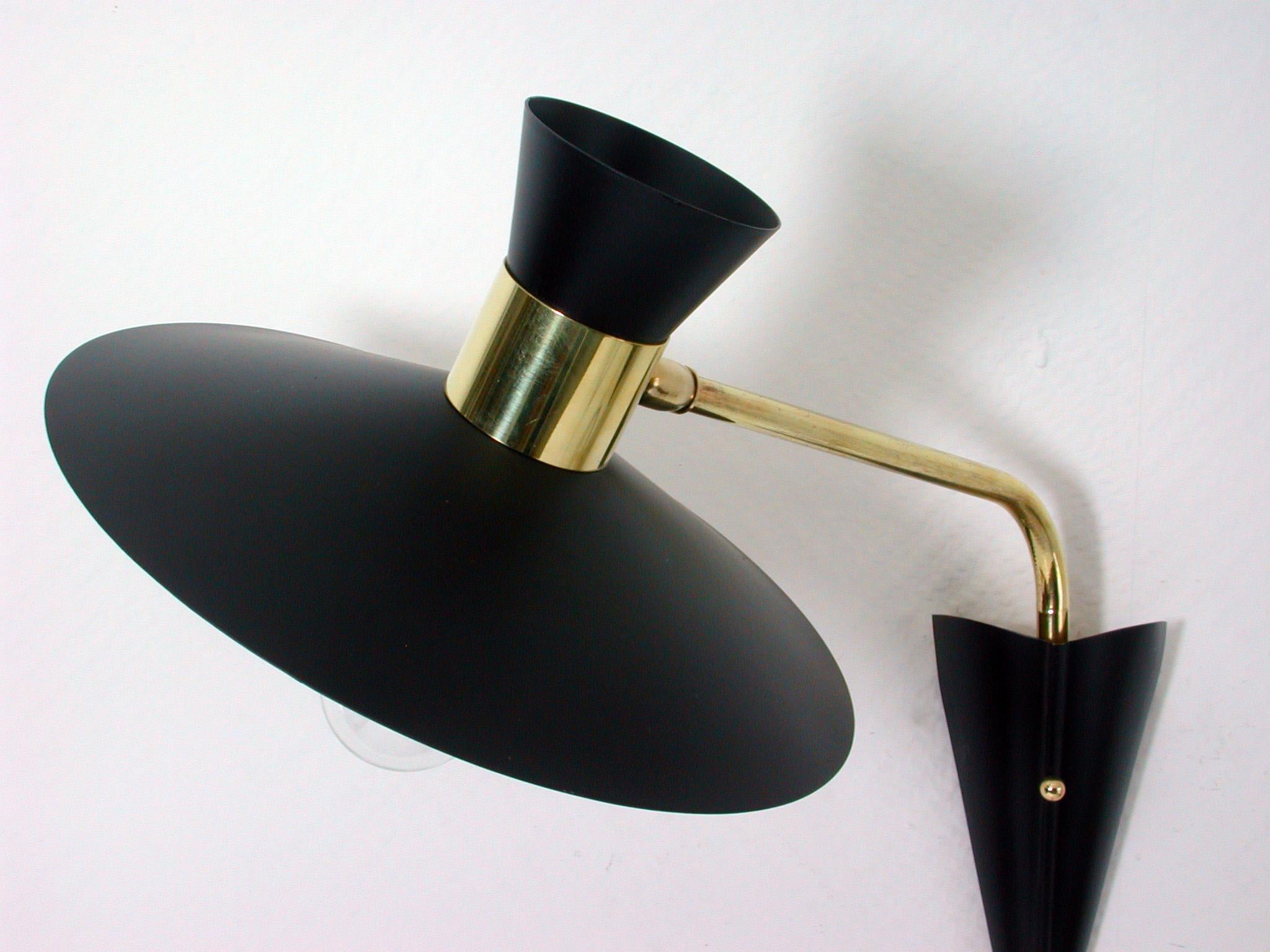 Lacquered Midcentury Black and Brass Pierre Guariche Style Articulating Wall Light Sconce