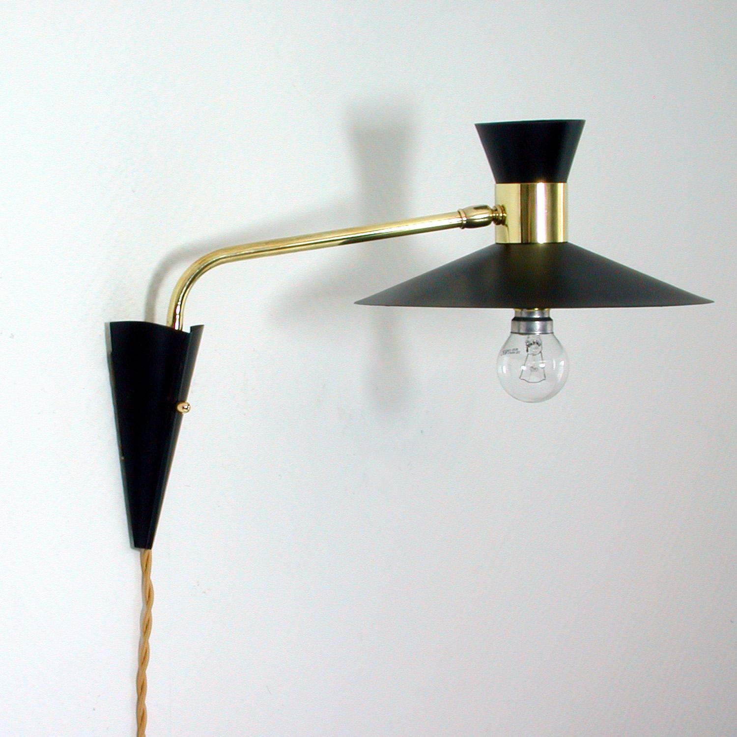 Mid-20th Century Midcentury Black and Brass Pierre Guariche Style Articulating Wall Light Sconce