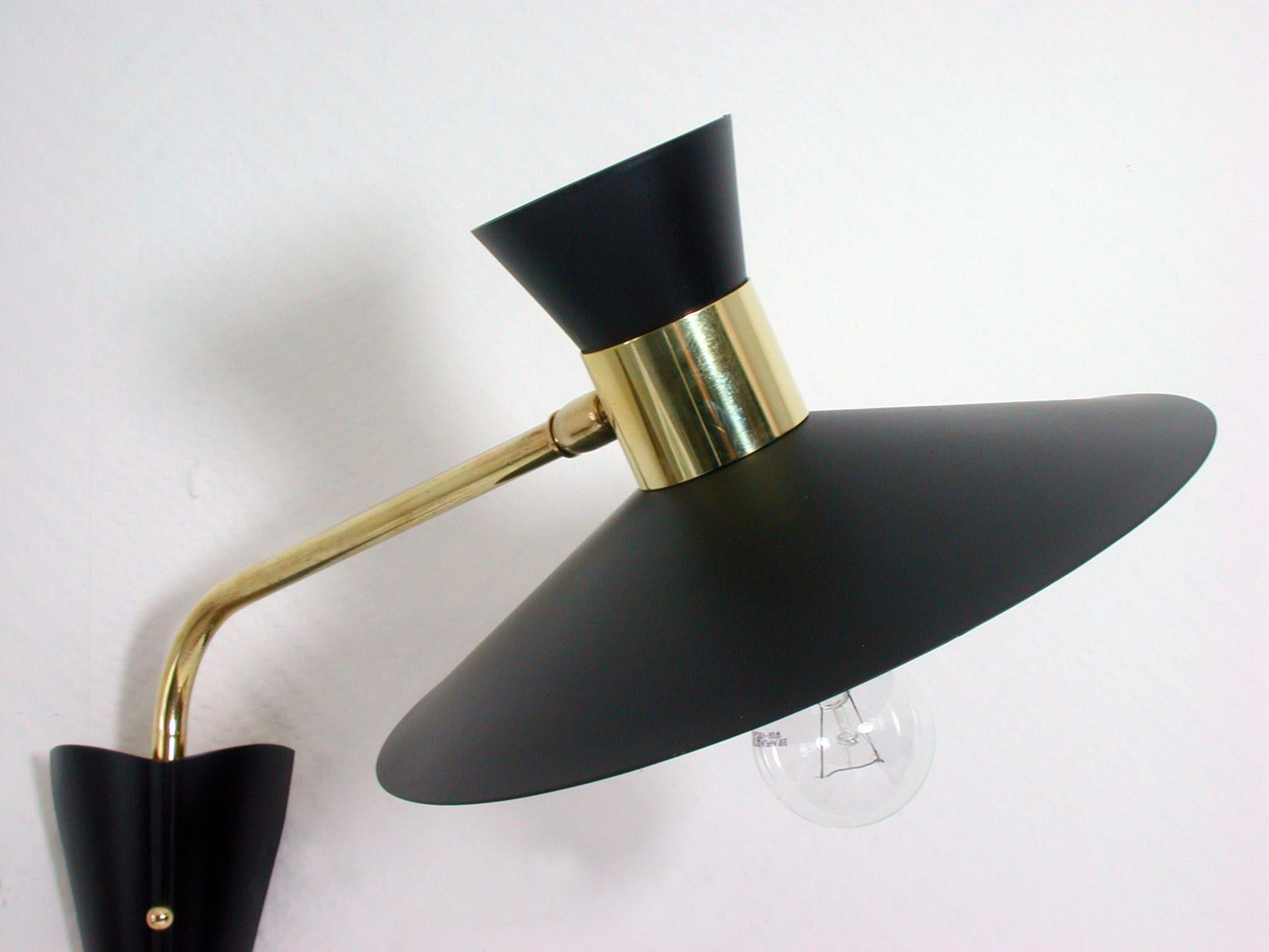 Midcentury Black and Brass Pierre Guariche Style Articulating Wall Light Sconce 1