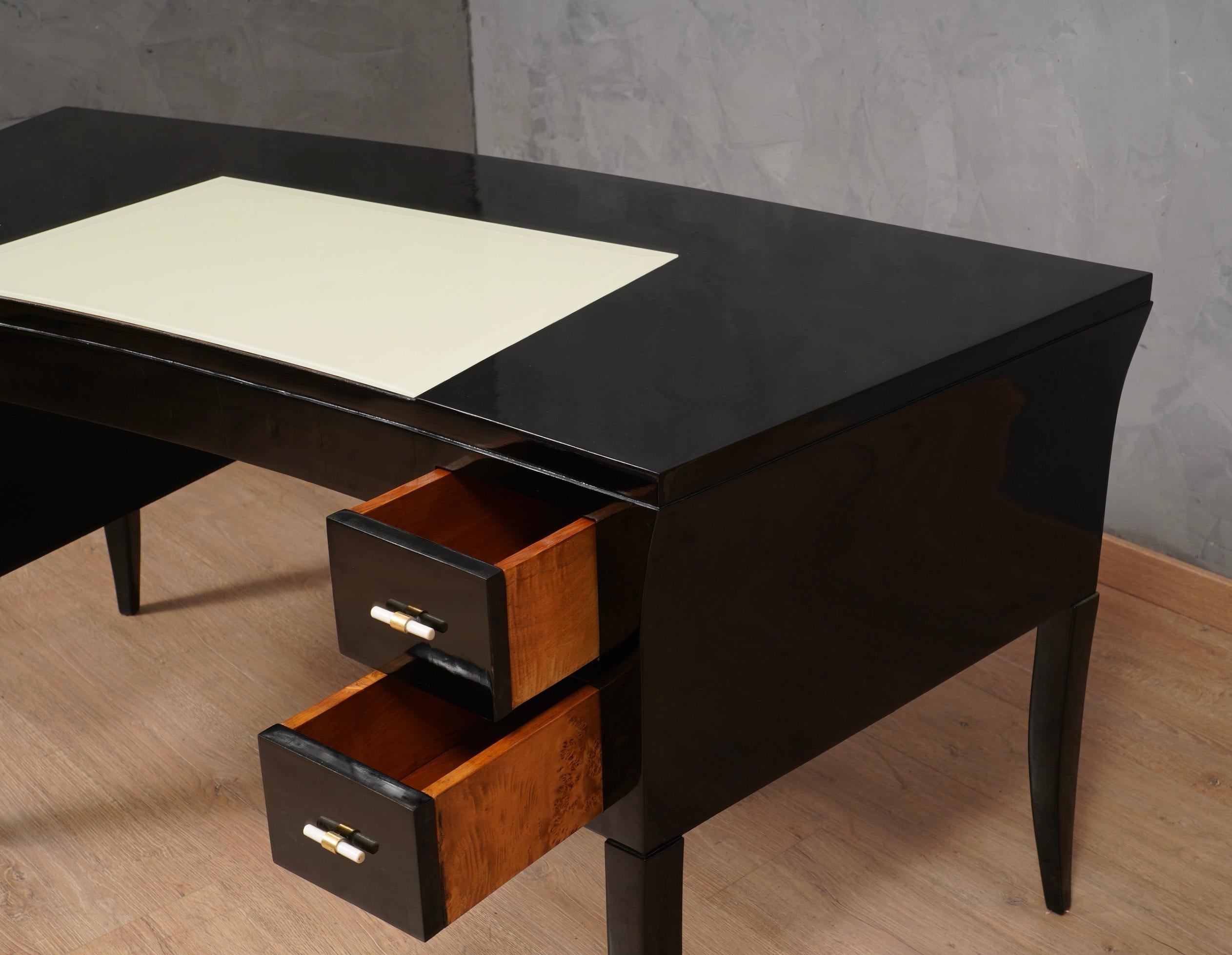 Italian MidCentury Black and Creme Glass Desk, 1970 For Sale
