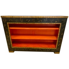 Vintage Midcentury Black and Gold with Hermès Orange Interior Chinoiserie Cabinet