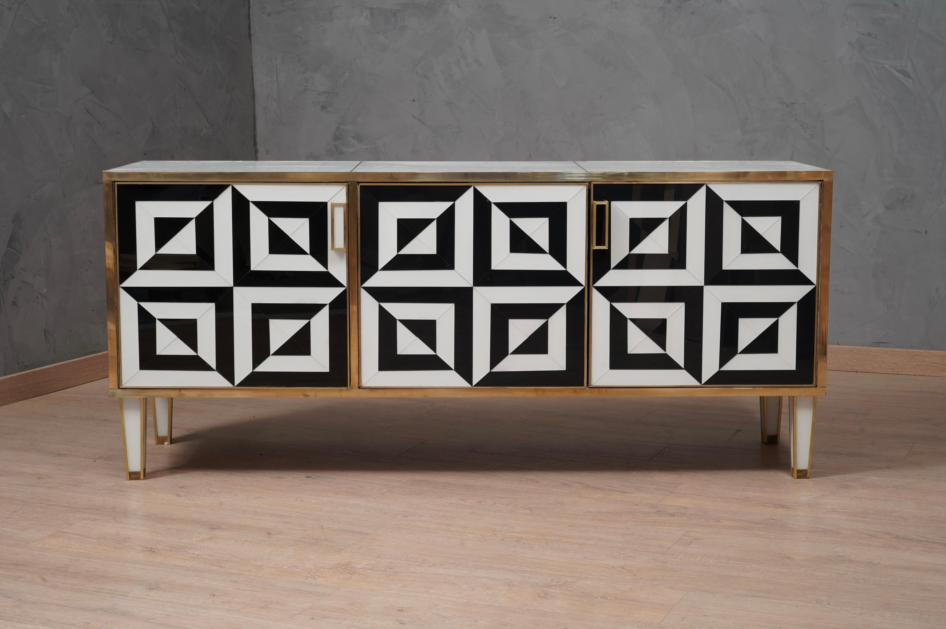 Mid-Century Modern Mid-Century Black and White Art Glass and Brass Italian Sideboard, 1980