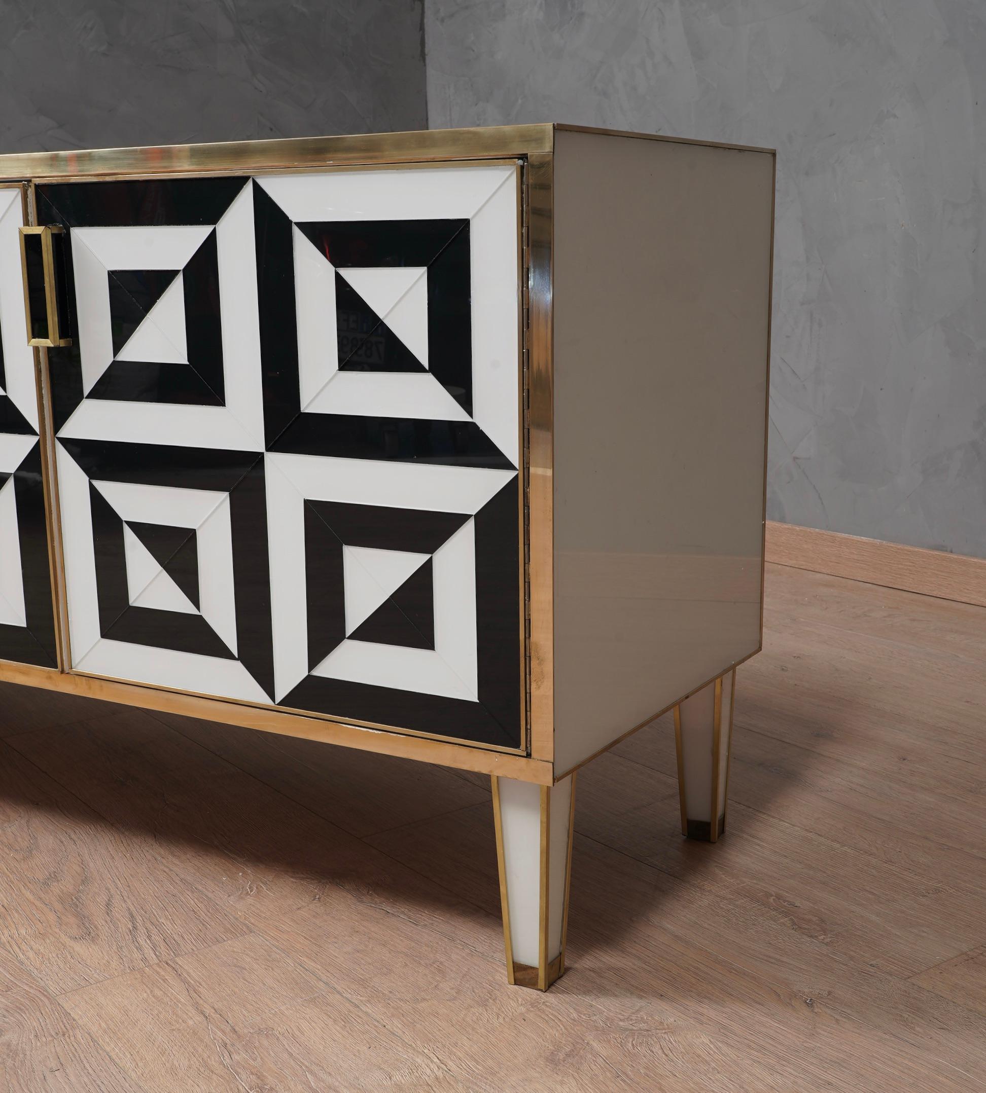 Late 20th Century Mid-Century Black and White Art Glass and Brass Italian Sideboard, 1980