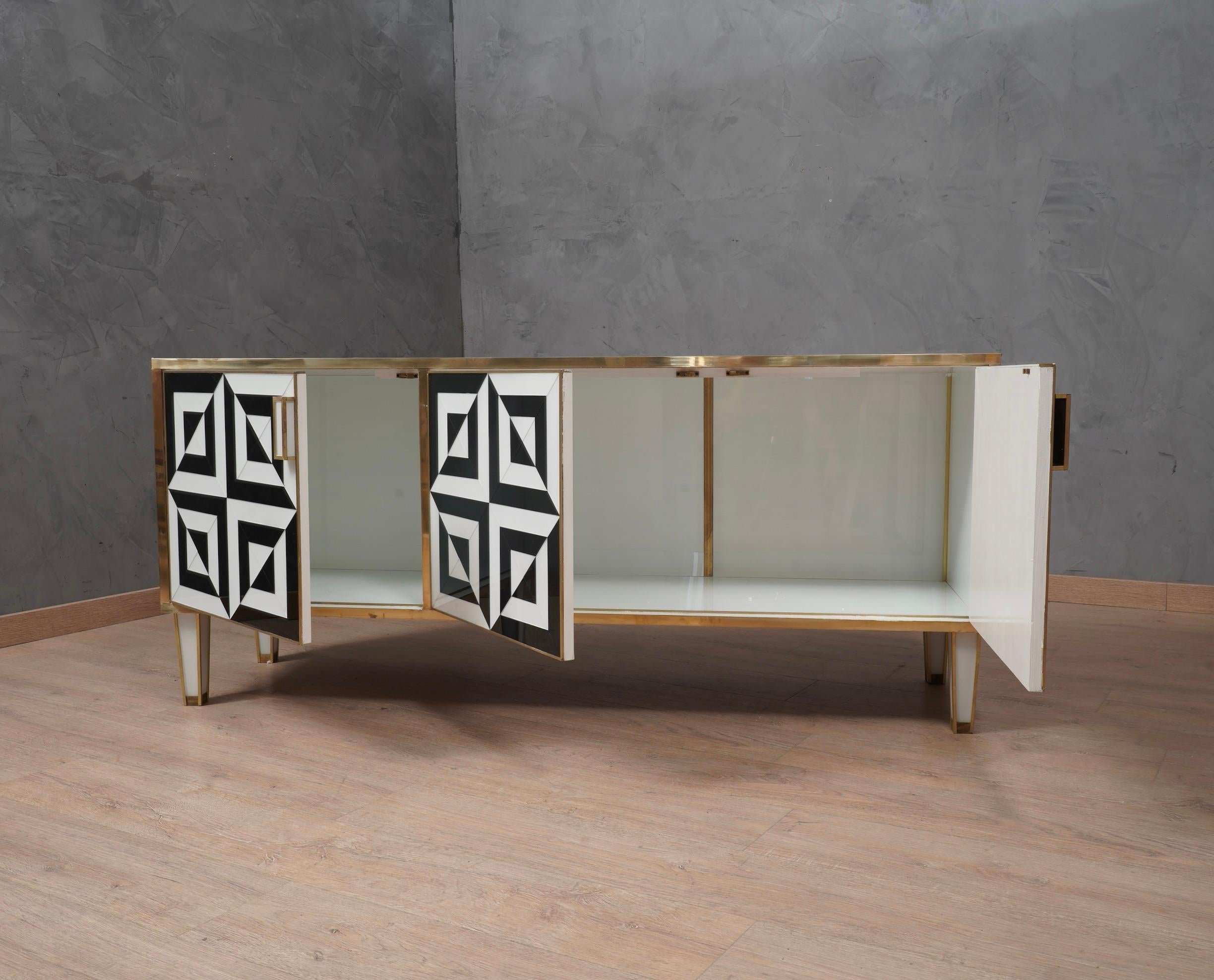 Mid-Century Black and White Art Glass and Brass Italian Sideboard, 1980 2