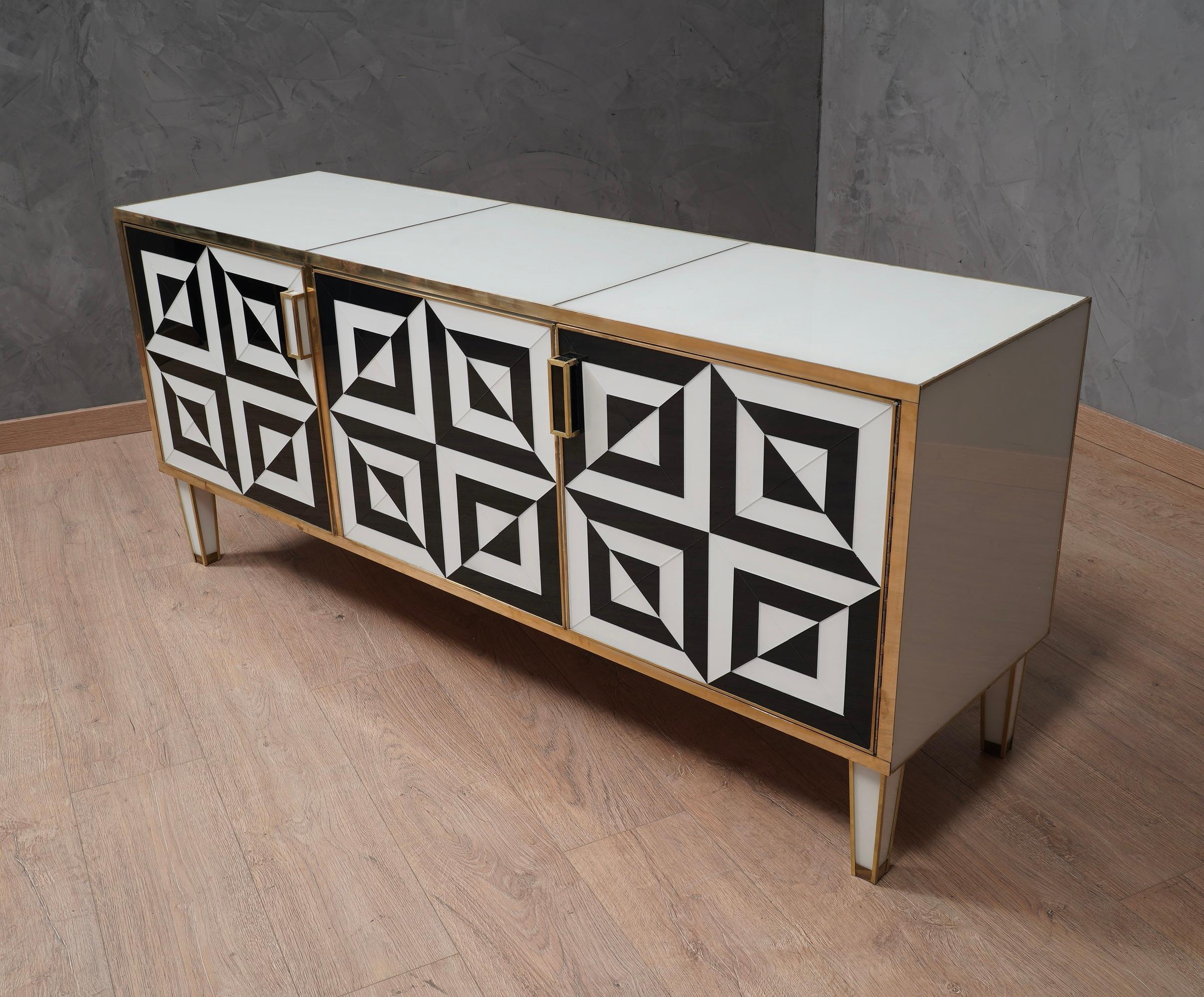 Mid-Century Black and White Art Glass and Brass Italian Sideboard, 1980 4