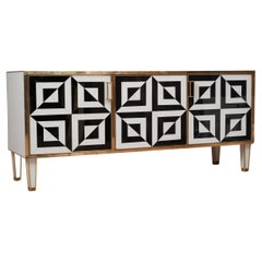 Mid-Century Black and White Art Glass and Brass Italian Sideboard, 1980