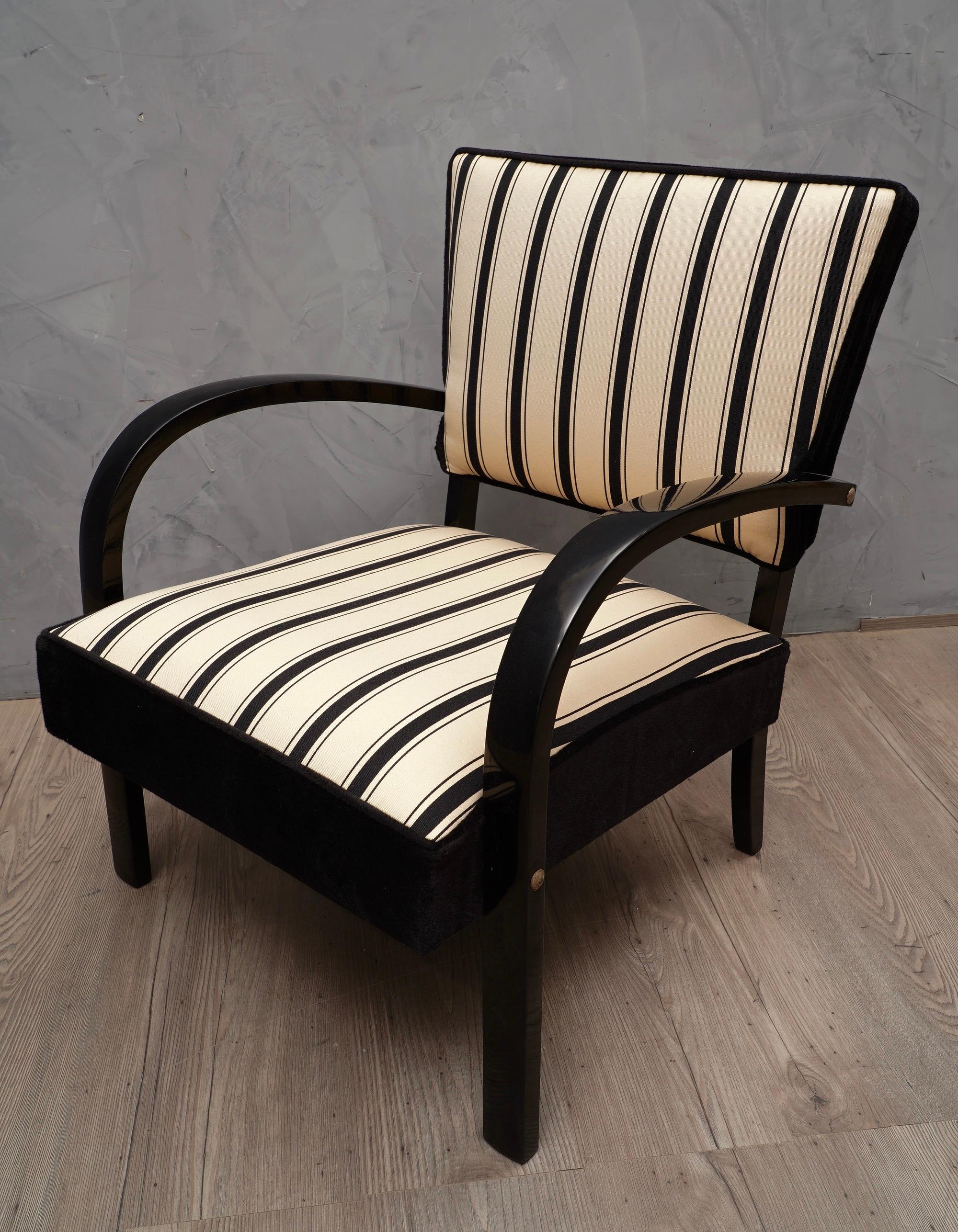 Midcentury Black and White Striped Fabric Italian Armchairs, 1950 In Good Condition In Rome, IT