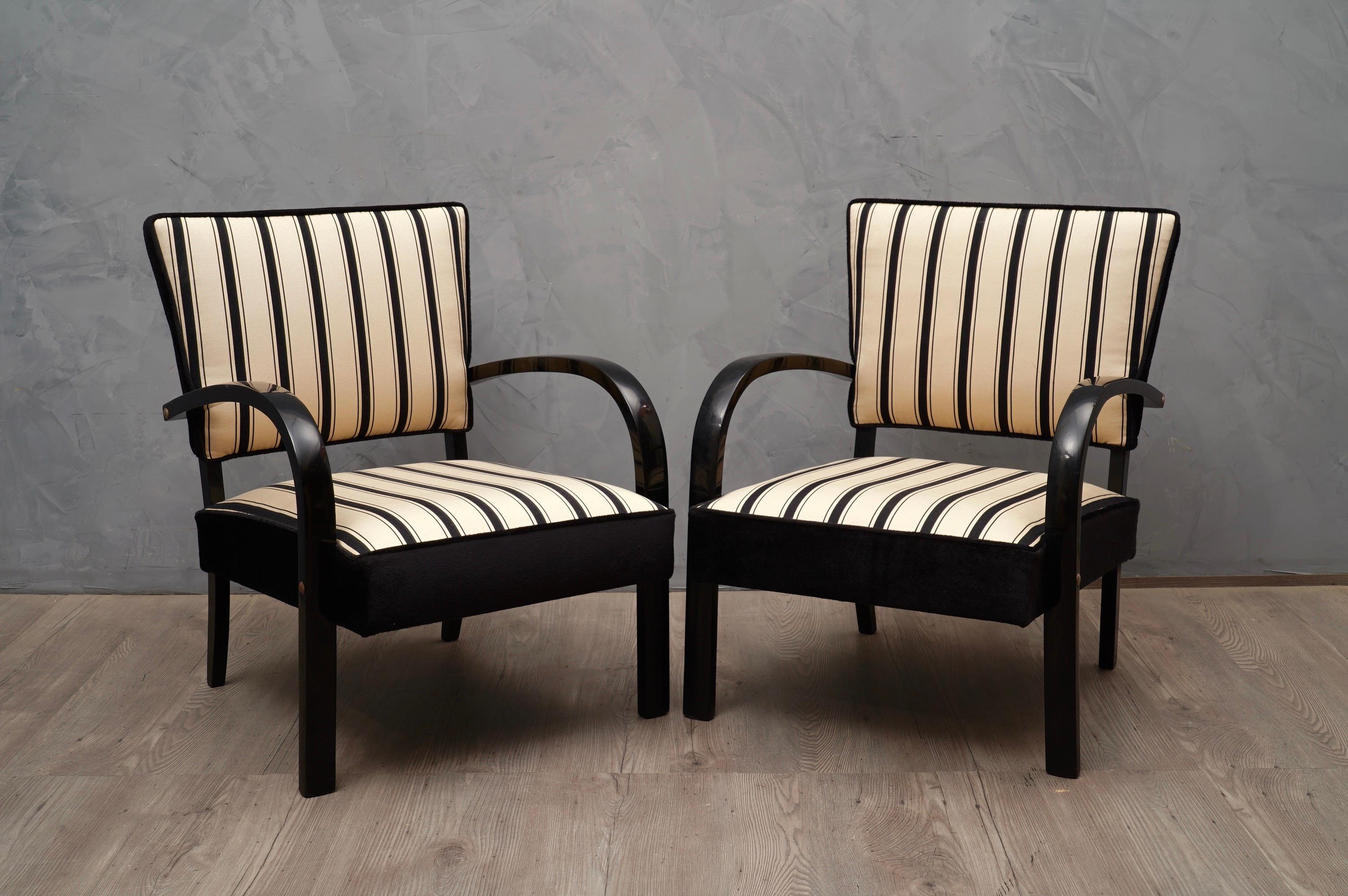 Mid-20th Century Midcentury Black and White Striped Fabric Italian Armchairs, 1950