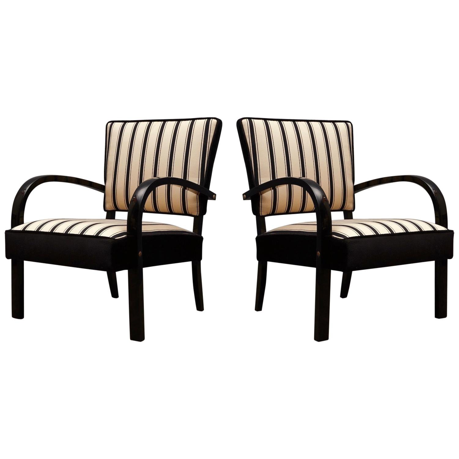 Midcentury Black and White Striped Fabric Italian Armchairs, 1950