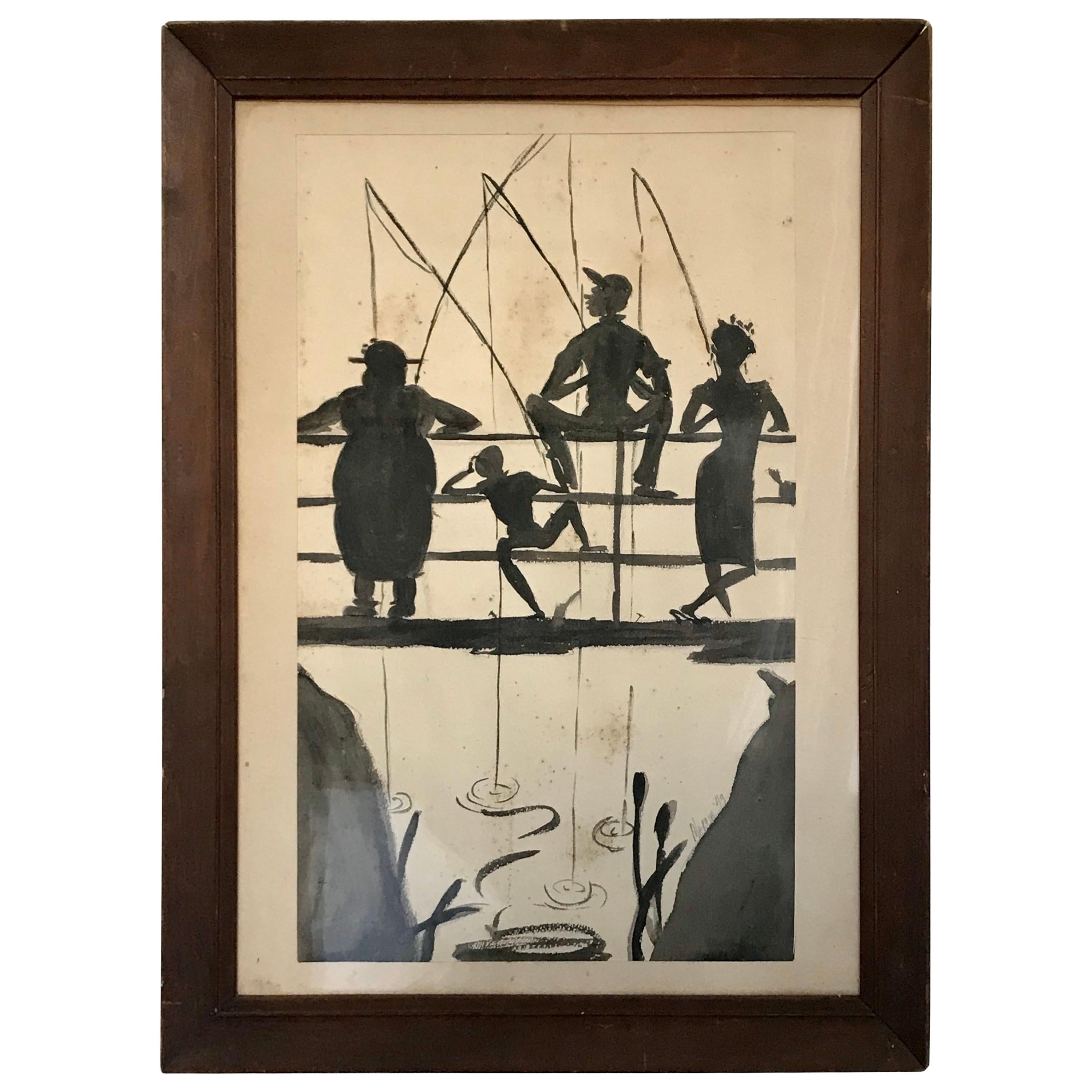 Mid Century Black Art Watercolor “Friends Fishing off a Bridge” by Marcia, 1949