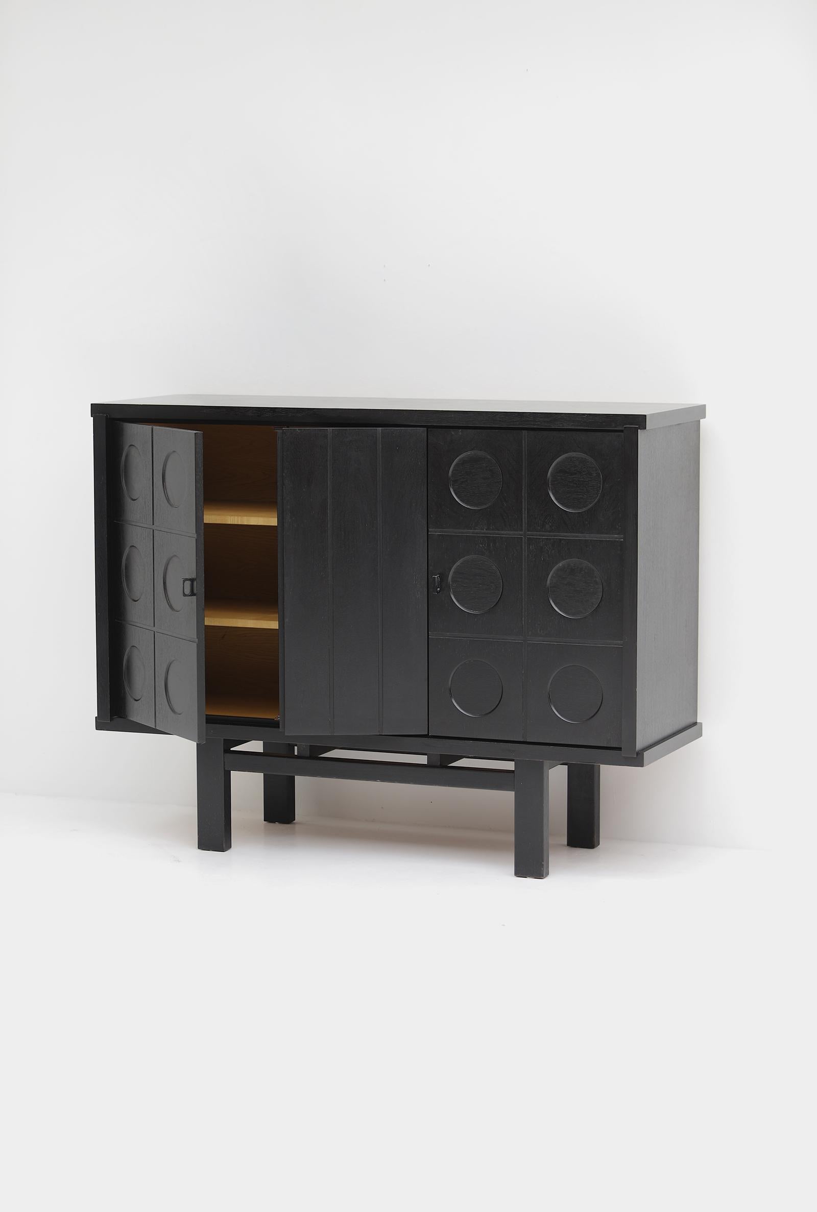 Midcentury black brutalist Oak cabinet with graphical doors 1970s For Sale 2