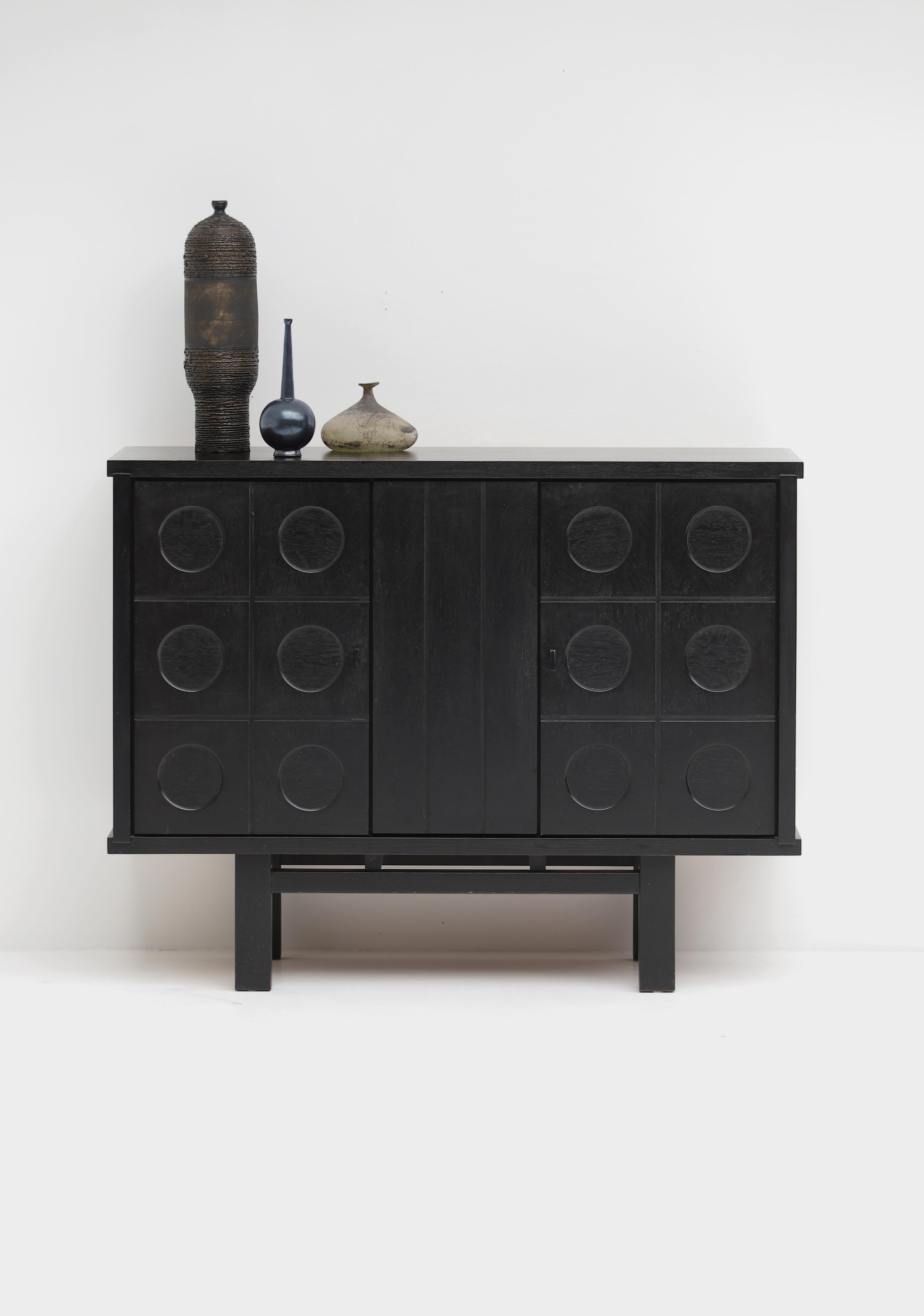 Midcentury black brutalist Oak cabinet with graphical doors 1970s For Sale 3