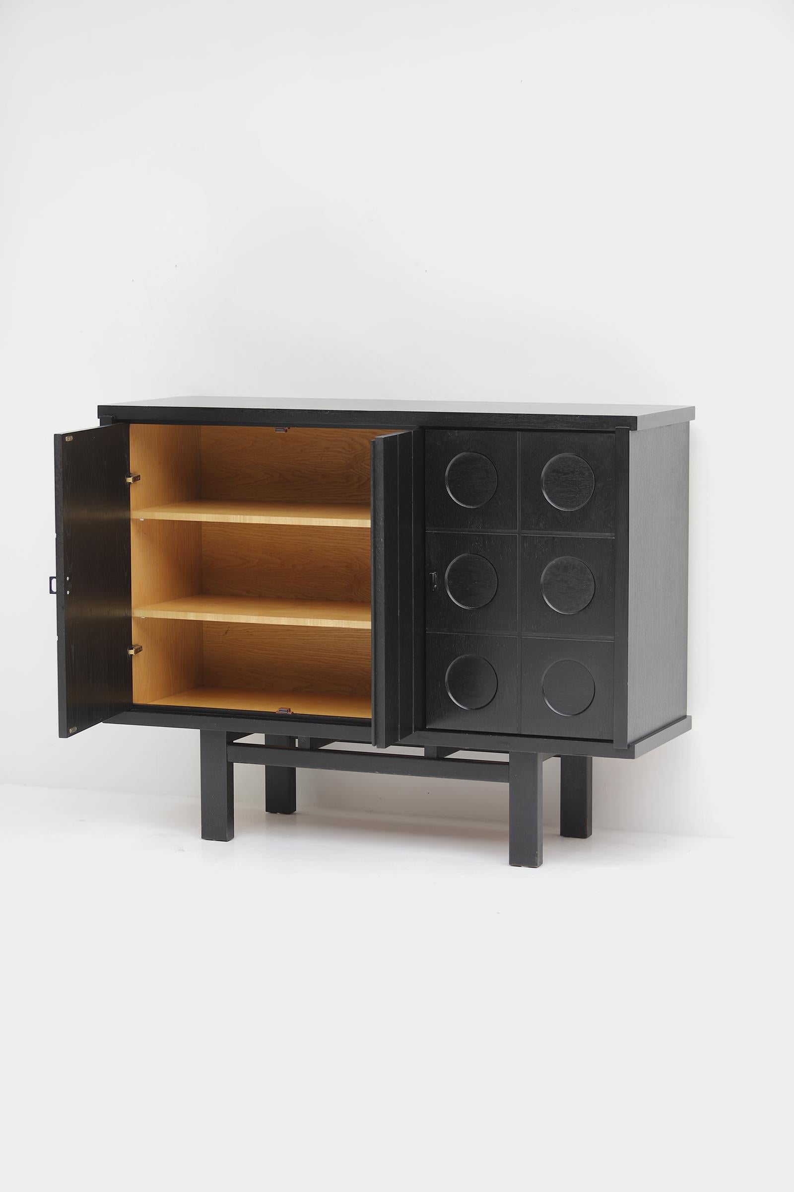 Midcentury black brutalist Oak cabinet with graphical doors 1970s For Sale 4