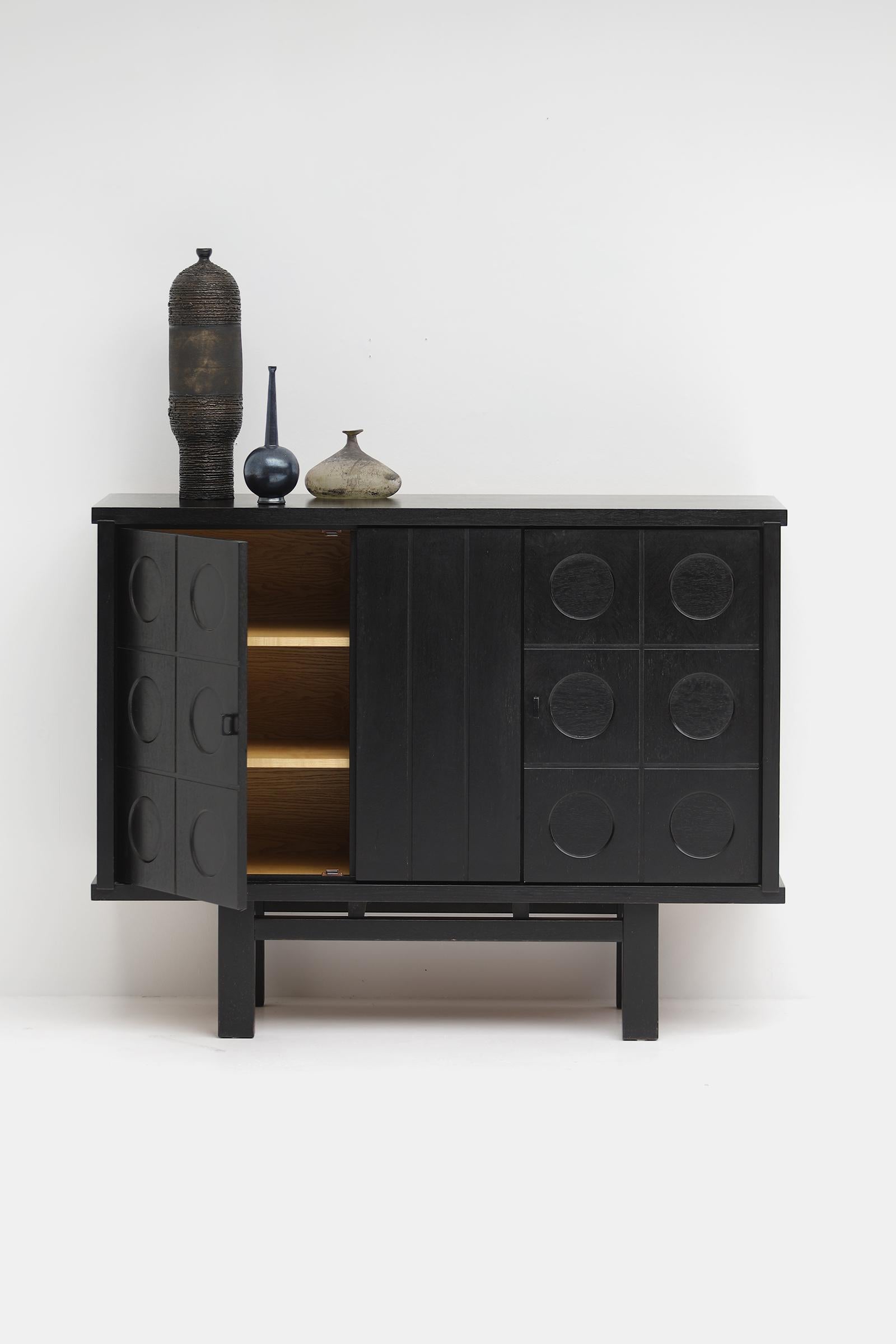 Midcentury black brutalist Oak cabinet with graphical doors 1970s For Sale 5
