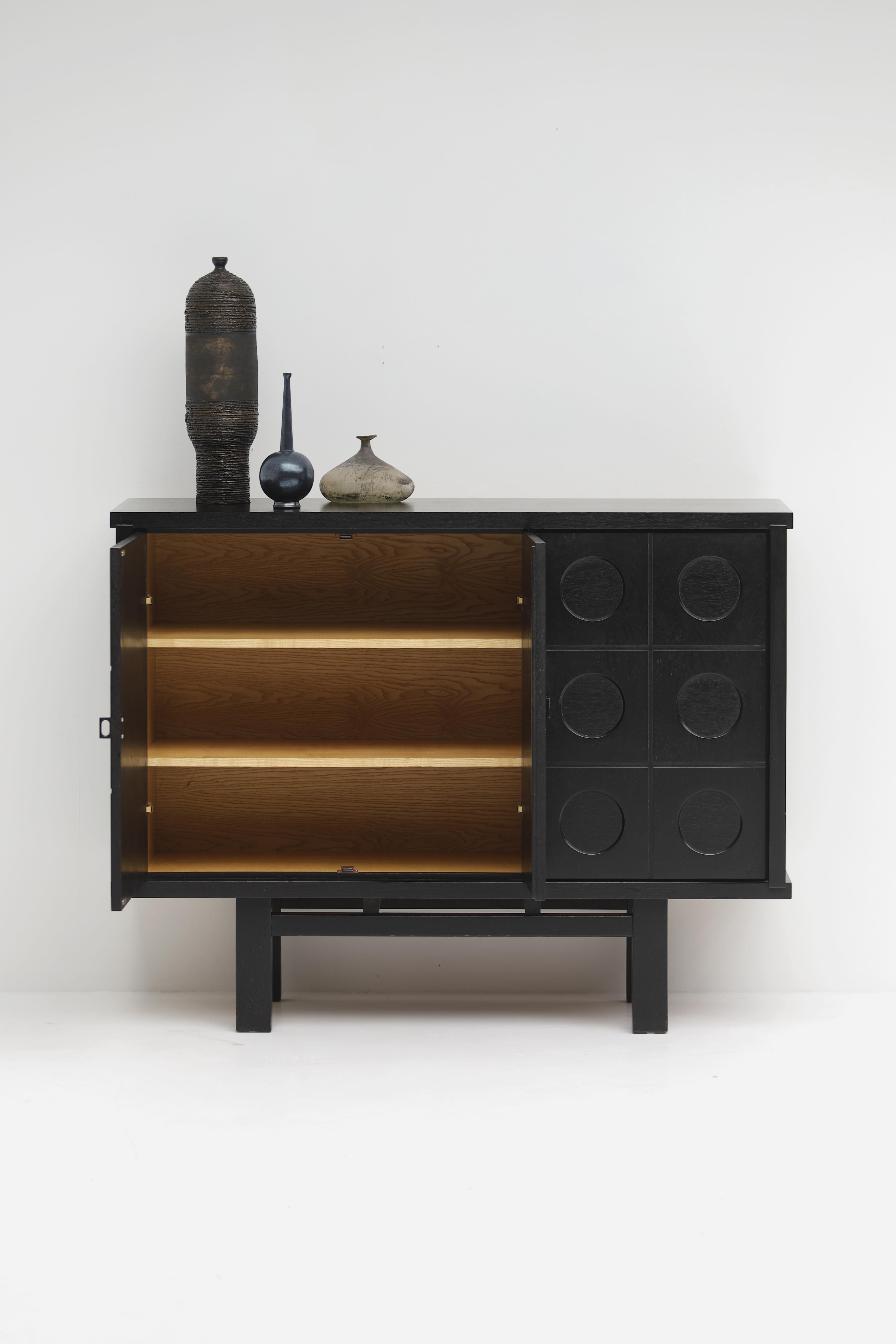 Midcentury black brutalist Oak cabinet with graphical doors 1970s For Sale 6