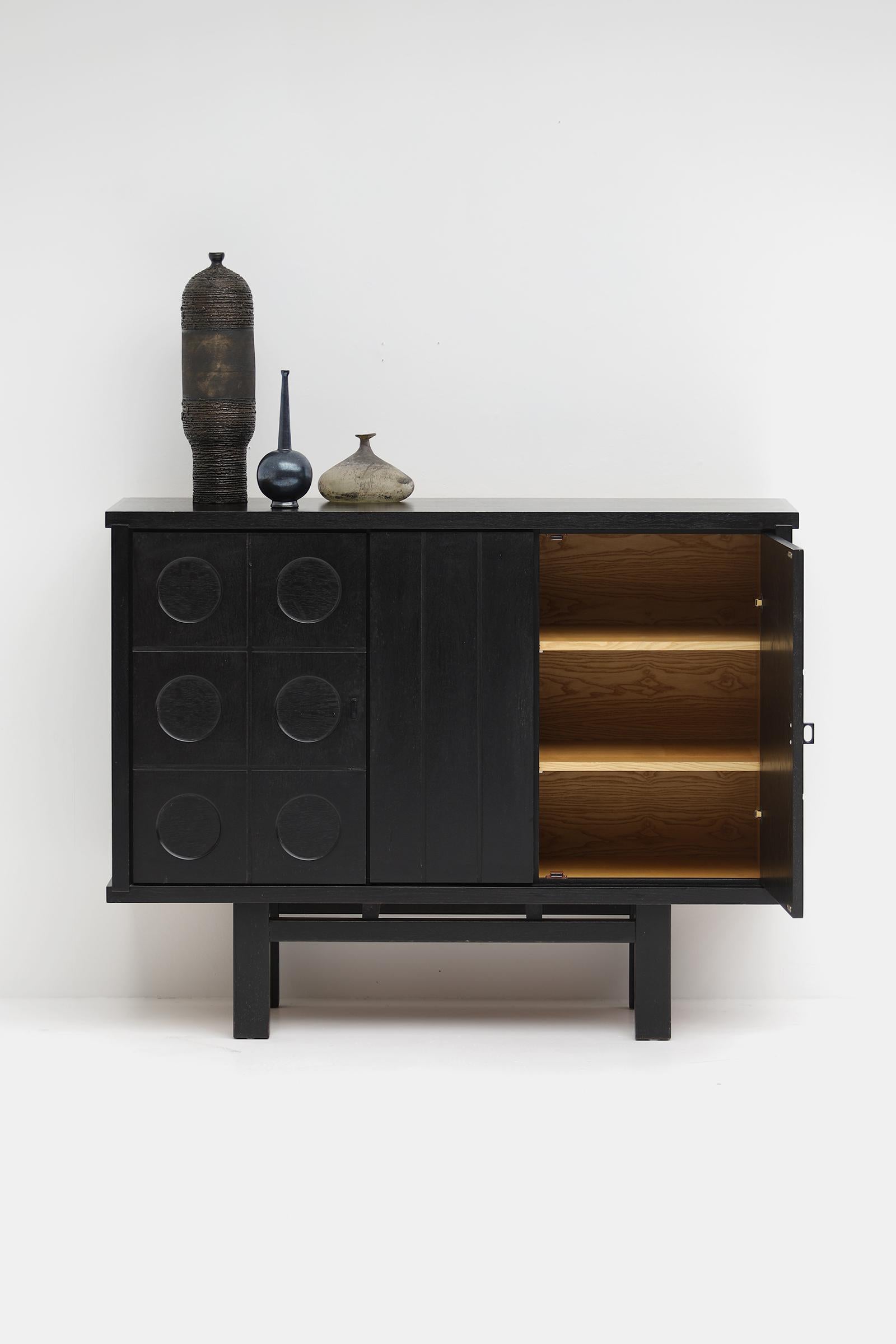 Midcentury black brutalist Oak cabinet with graphical doors 1970s For Sale 7