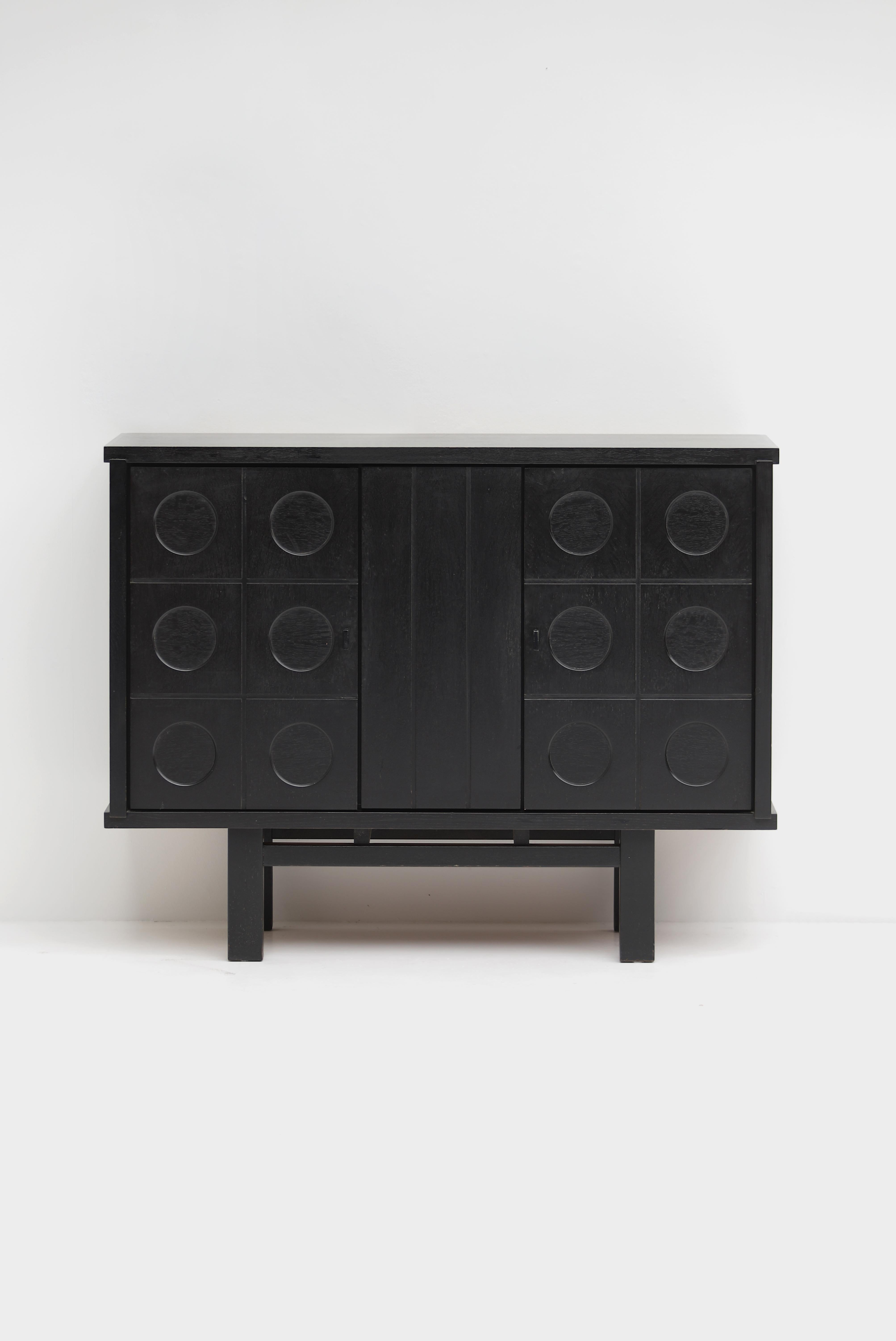Mid-Century Modern Midcentury black brutalist Oak cabinet with graphical doors 1970s For Sale