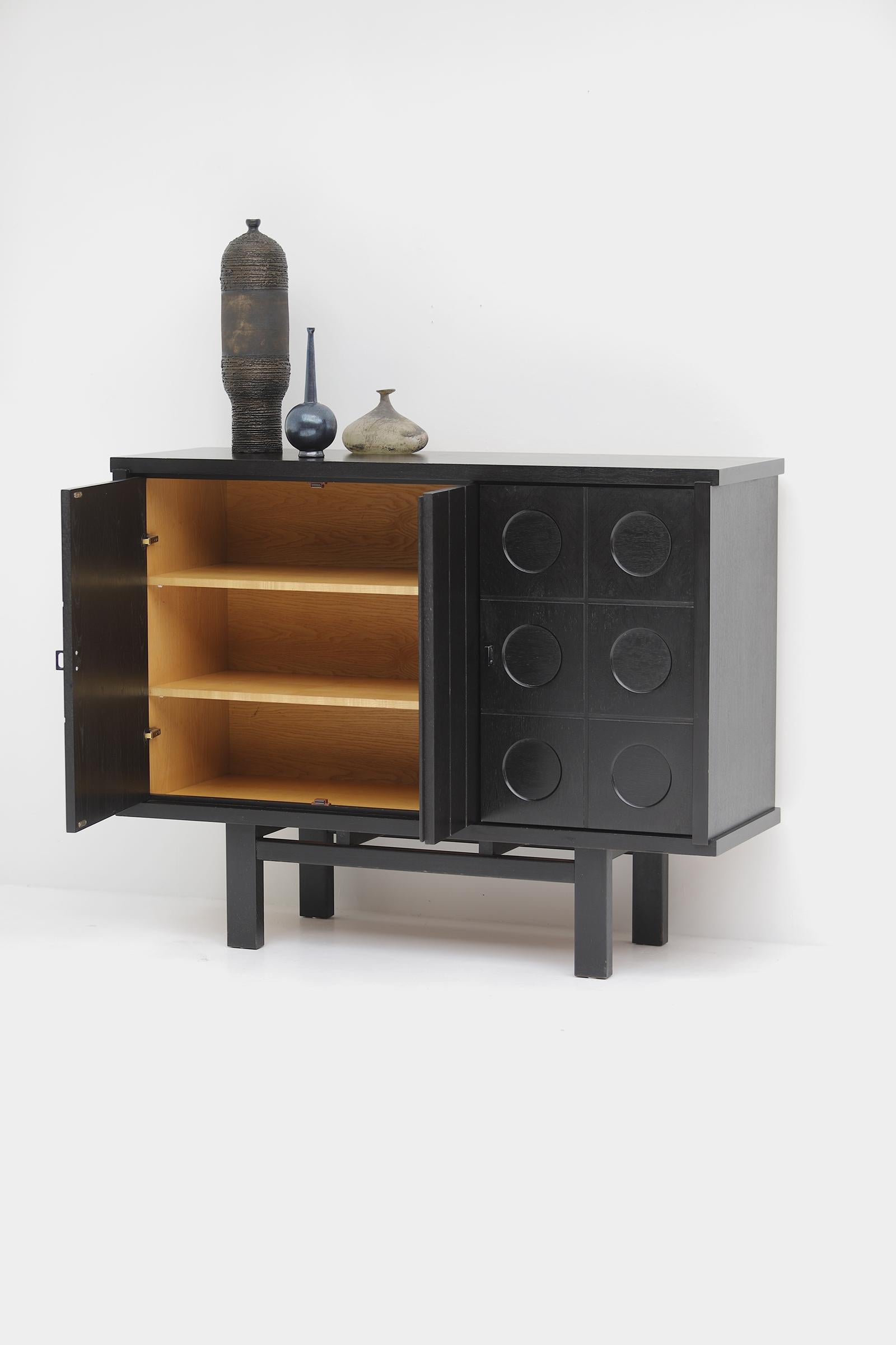 Late 20th Century Midcentury black brutalist Oak cabinet with graphical doors 1970s For Sale