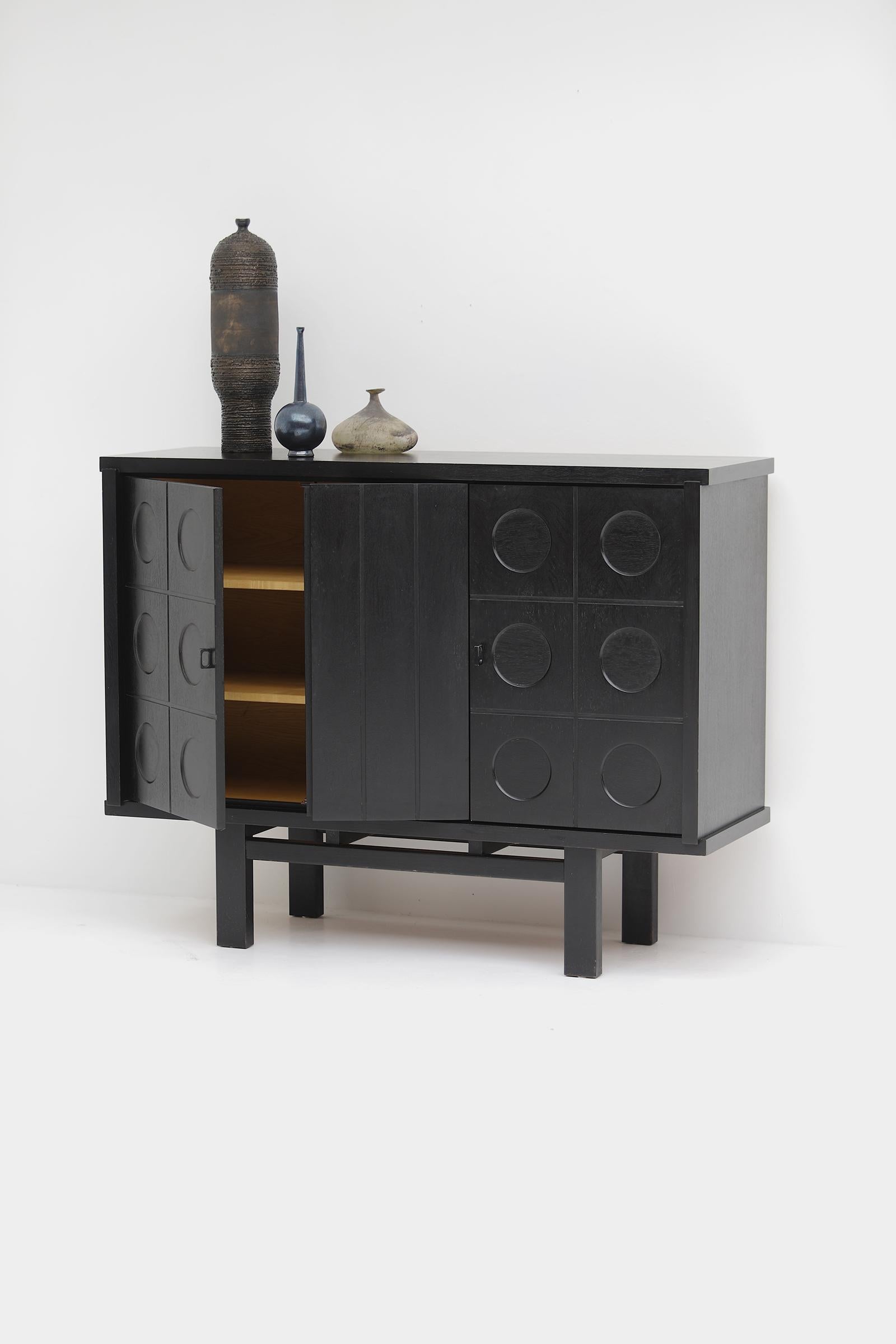 Midcentury black brutalist Oak cabinet with graphical doors 1970s For Sale 1
