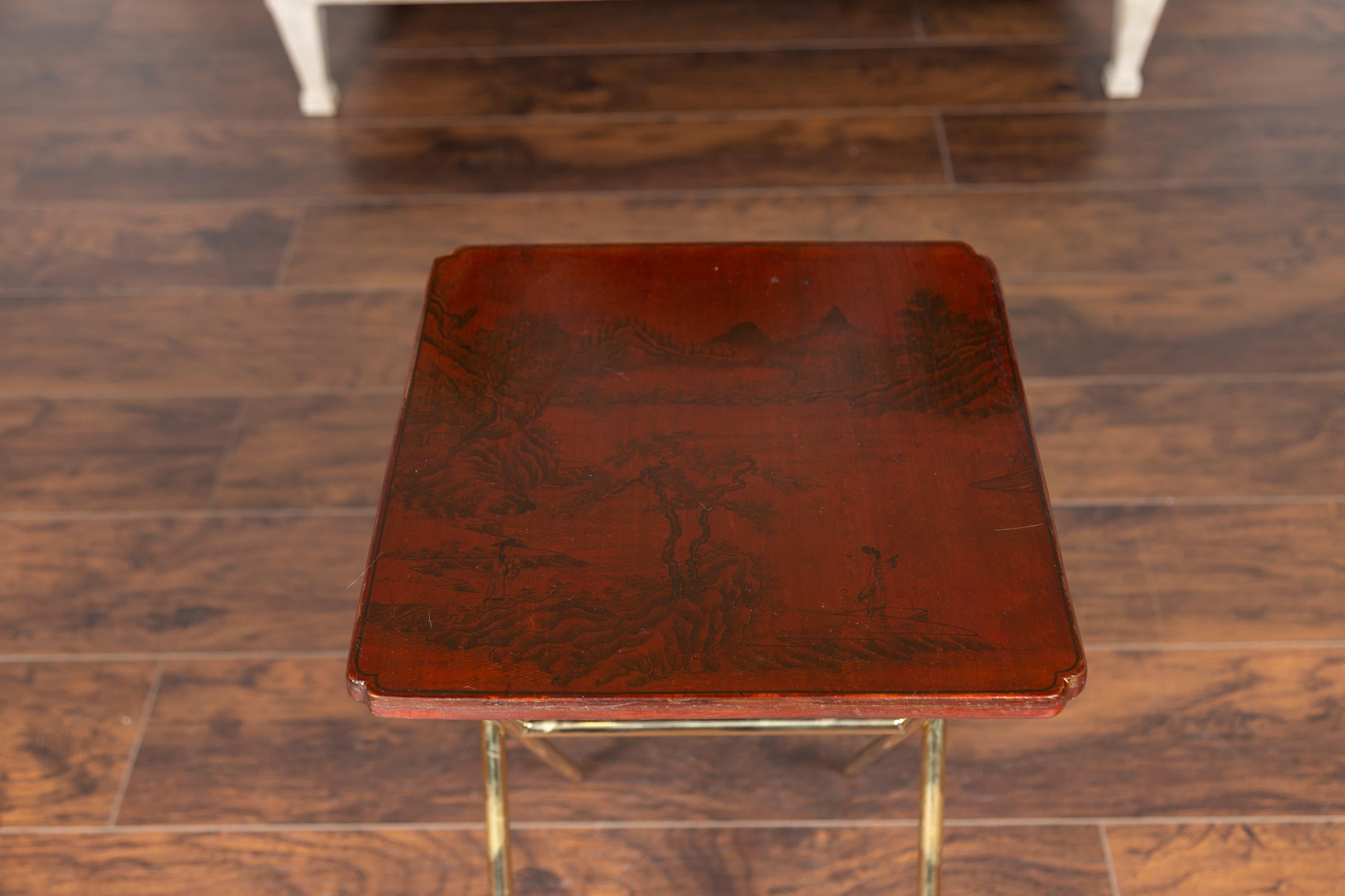 20th Century Midcentury Chinoiserie Lacquered Side Table with Brass X-Form Base
