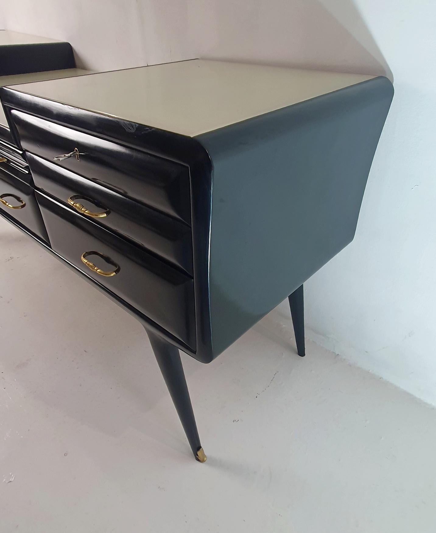 Brass Midcentury Black Credenza, Italy For Sale