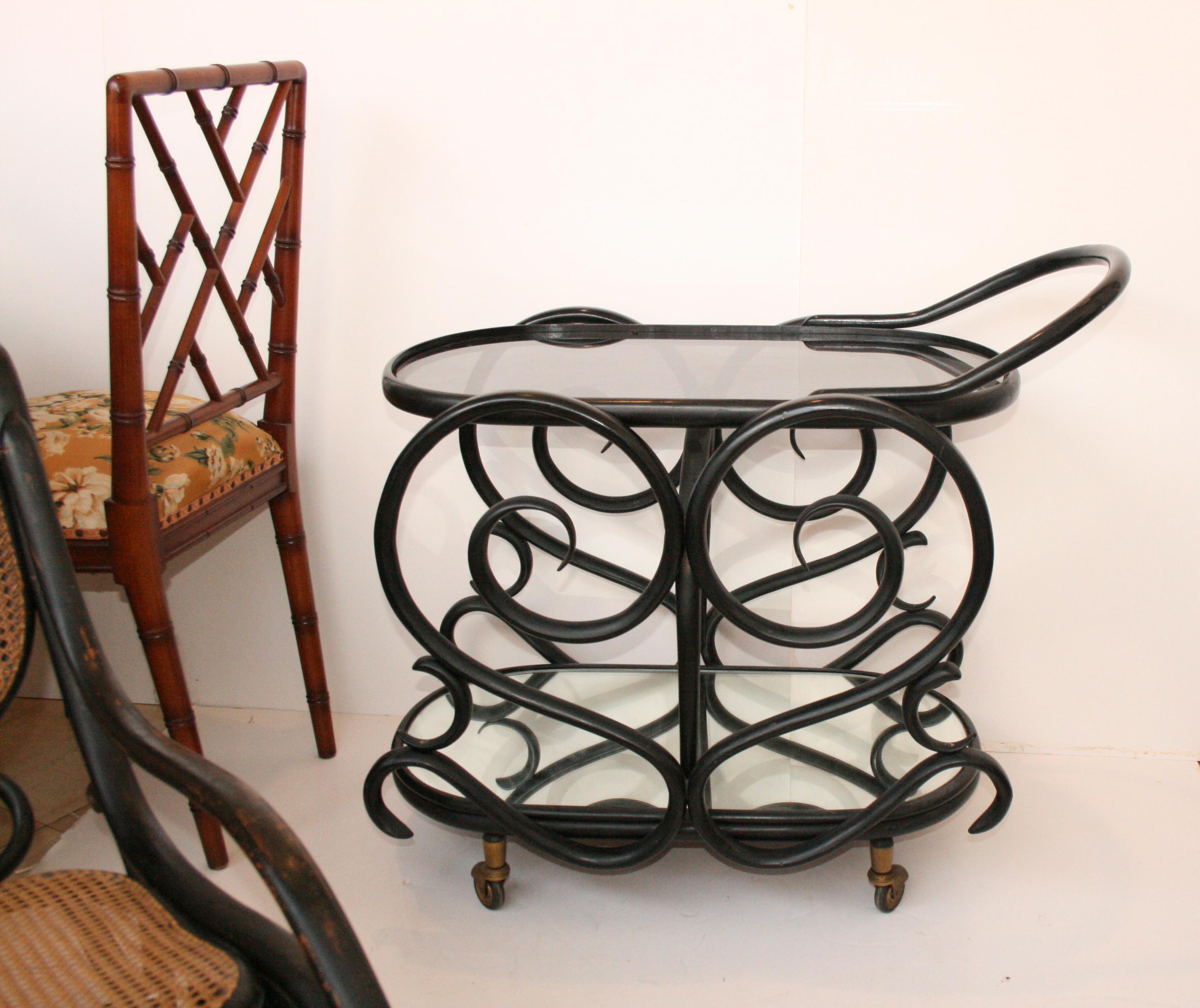 Rare After Thonet Bar Carts Table Serving Tables Bentwood Mirror, Europe, 1950s 3
