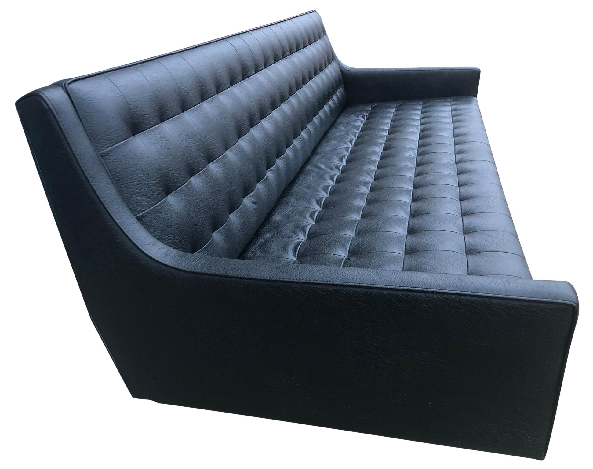 Mid-Century Modern Midcentury Black Faux Leather Vinyl Tufted Long low Sofa by Patrician