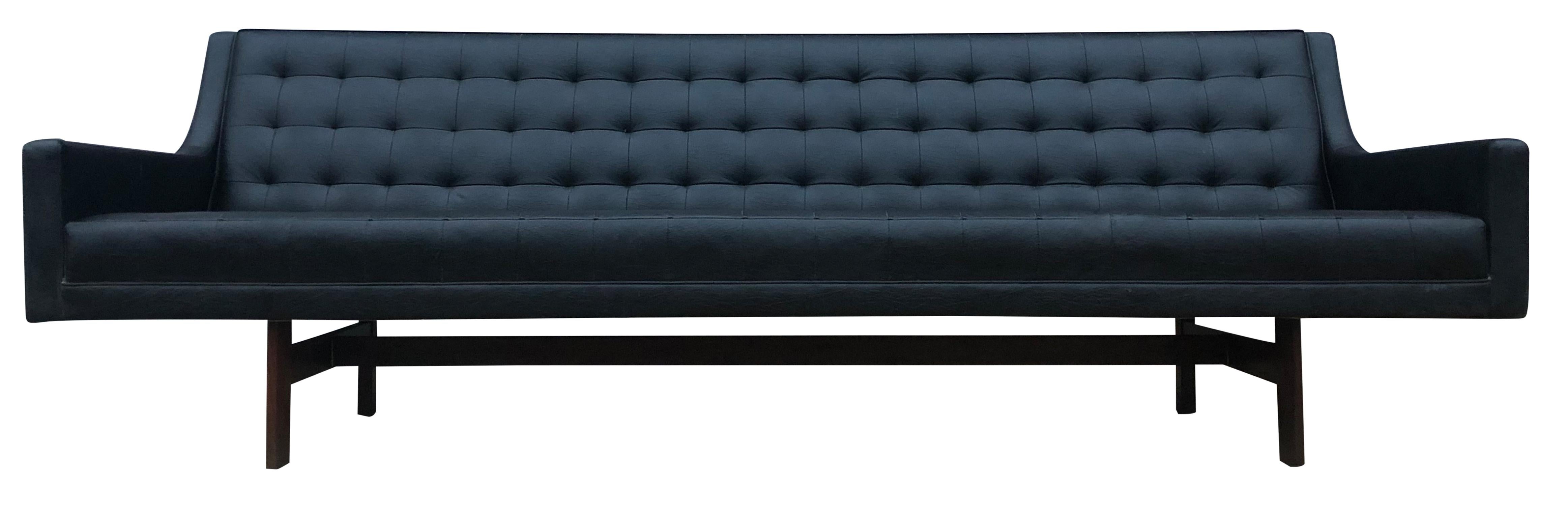 American Midcentury Black Faux Leather Vinyl Tufted Long low Sofa by Patrician