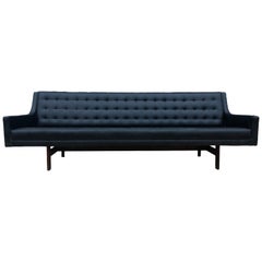 Midcentury Black Faux Leather Vinyl Tufted Long low Sofa by Patrician