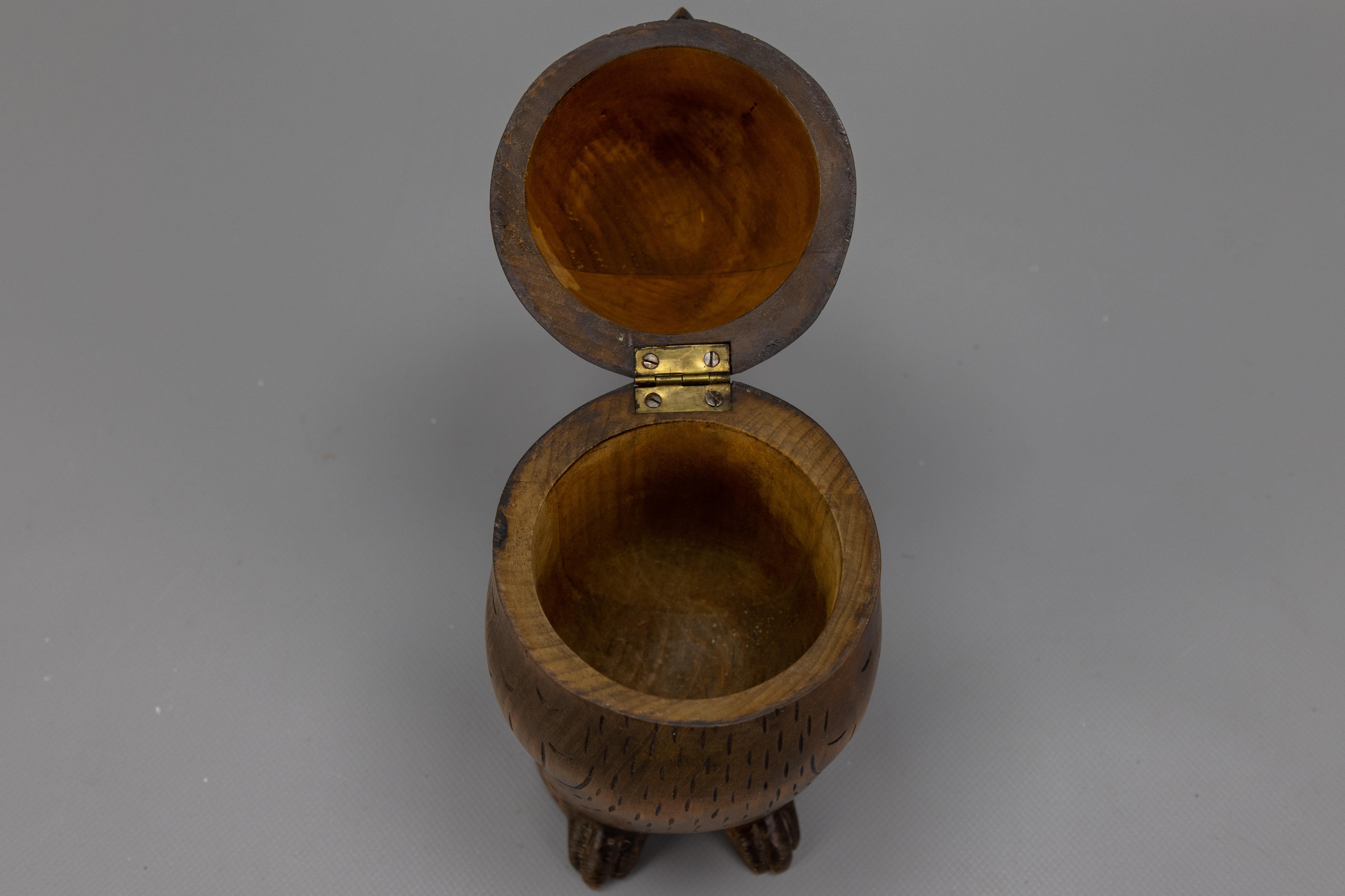 Midcentury Black Forest Style Carved Linden Wood Owl Box, Germany, 1950s For Sale 11