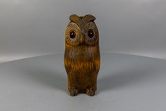 Midcentury Black Forest Style Carved Linden Wood Owl Box, Germany, 1950s