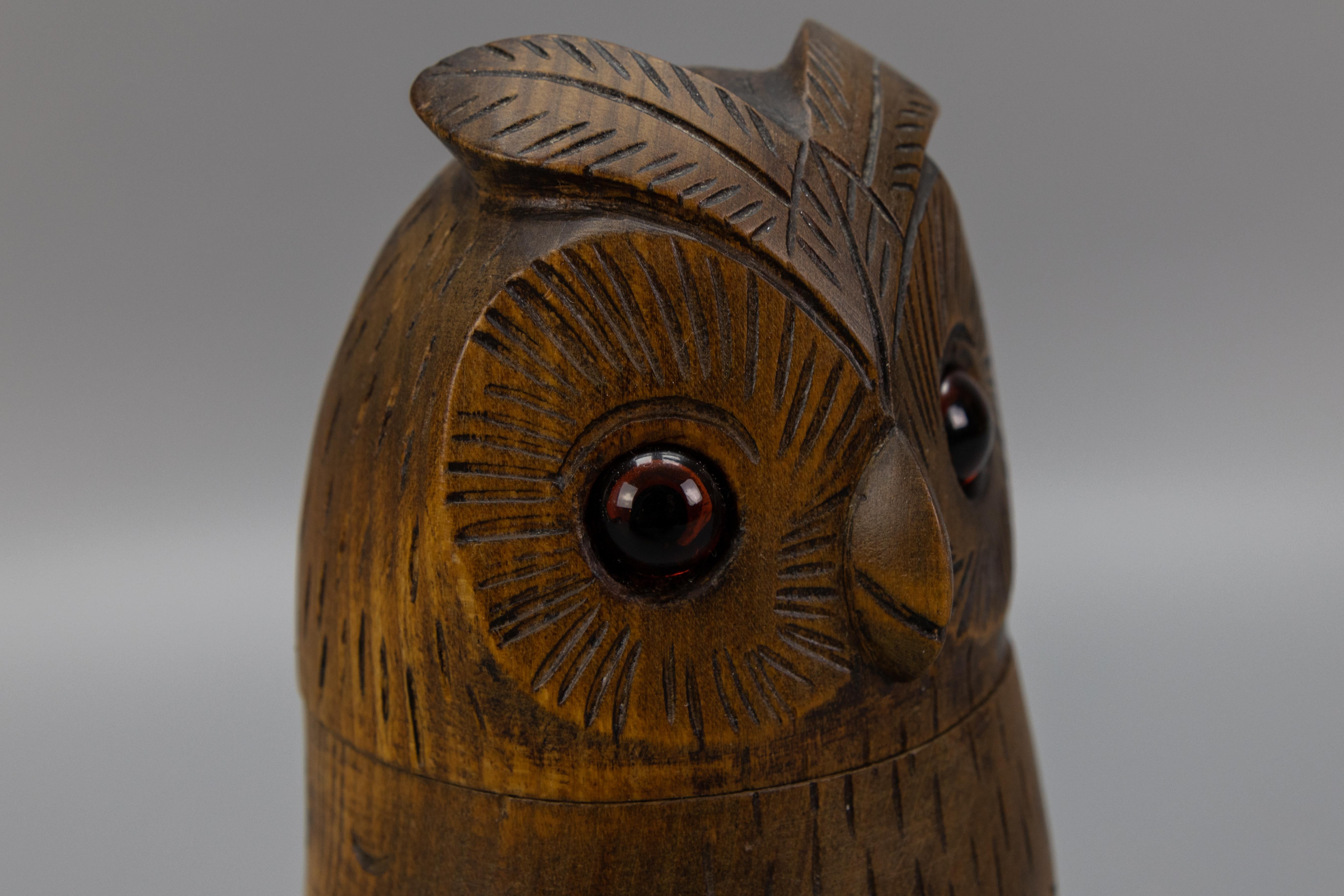 Mid-20th Century Midcentury Black Forest Style Carved Linden Wood Owl Box, Germany, 1950s For Sale