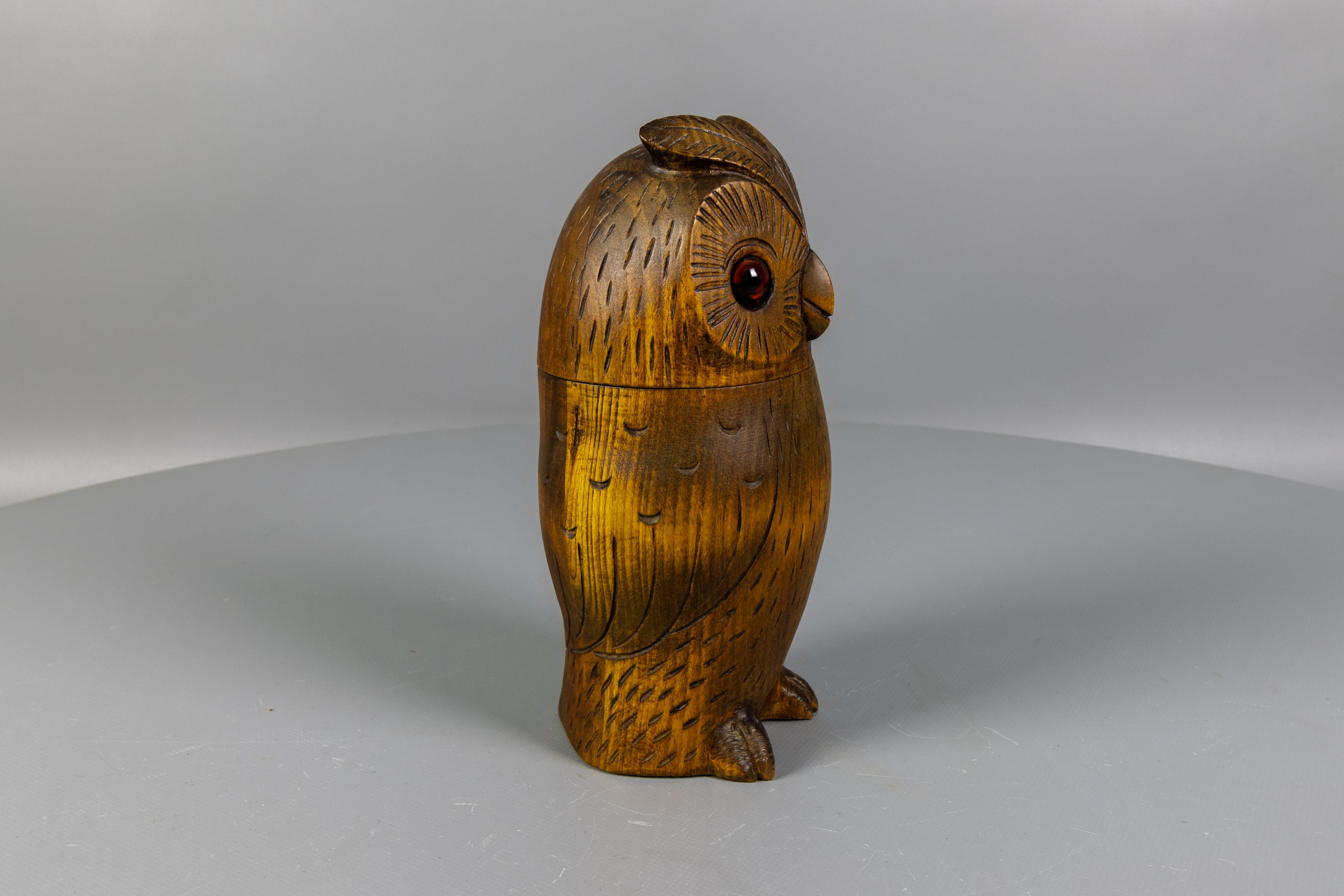Glass Midcentury Black Forest Style Carved Linden Wood Owl Box, Germany, 1950s For Sale
