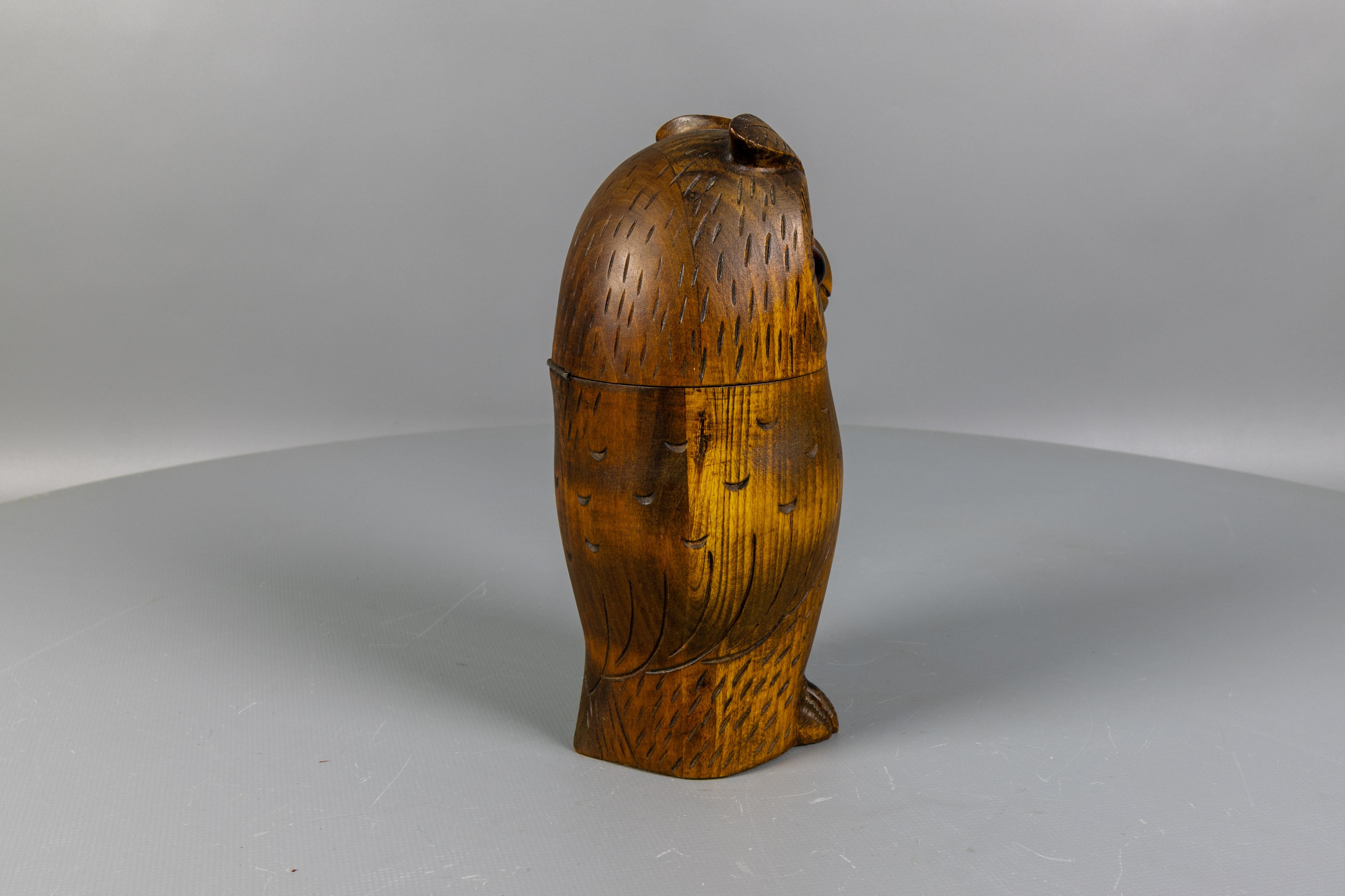 Midcentury Black Forest Style Carved Linden Wood Owl Box, Germany, 1950s For Sale 1