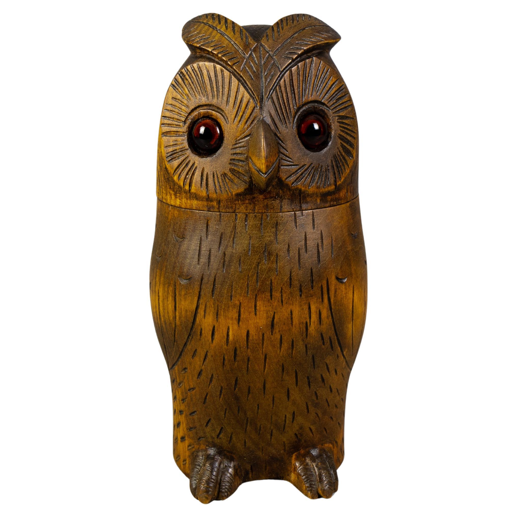 Midcentury Black Forest Style Carved Linden Wood Owl Box, Germany, 1950s For Sale