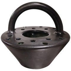 Vintage Midcentury Black Glaze Ceramic Vase Bouquetière by Pol Chambost, Made in France