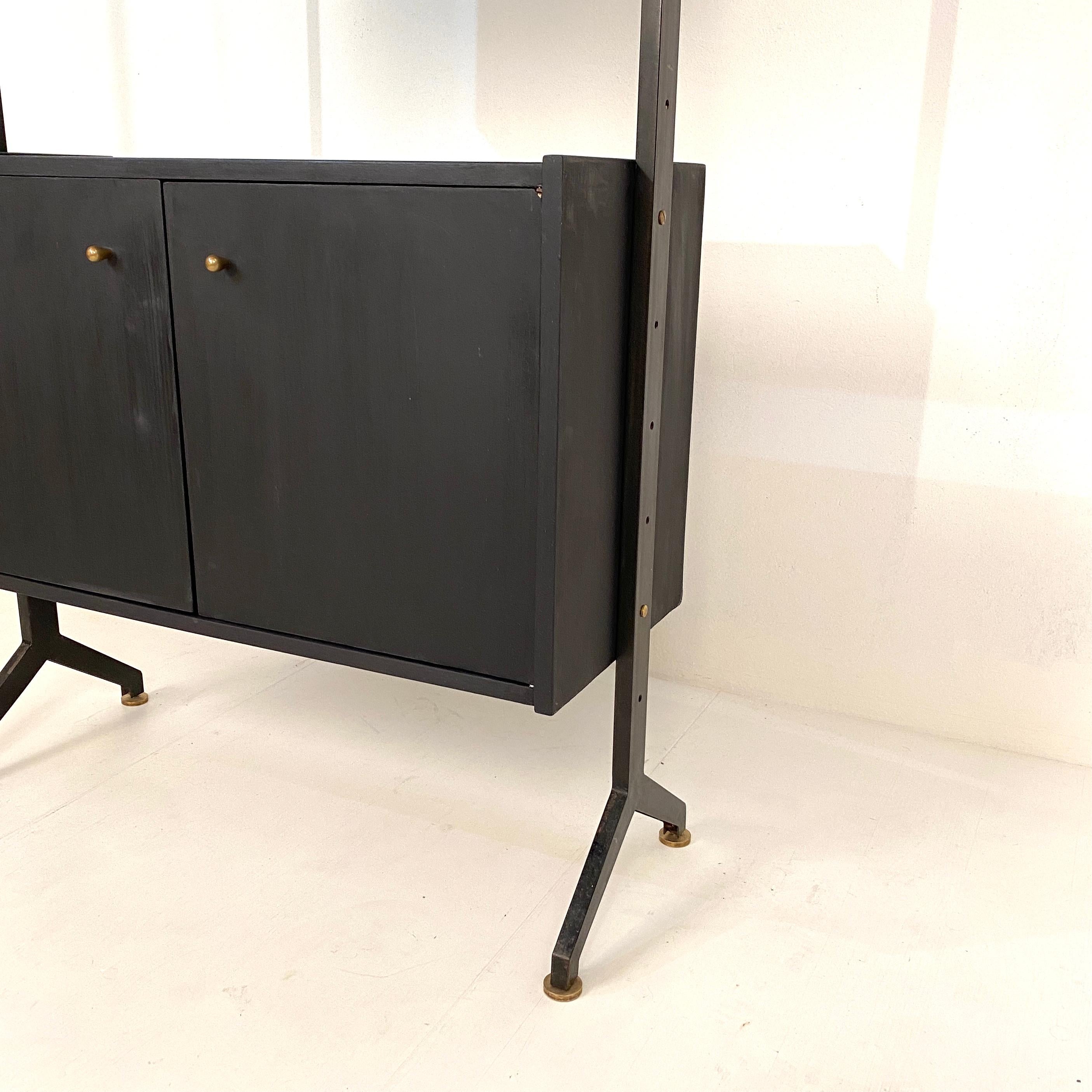 Lacquered Midcentury Black Italian Shelf or Room Divider by BR Italia Metal and Wood, 1960