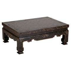 Midcentury Black Lacquer and Gilt Coffee Table with Chinoiserie Decoration