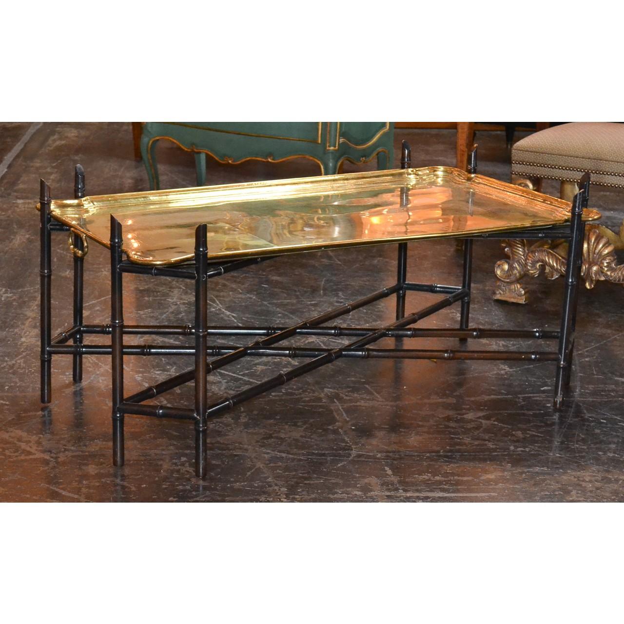 American Midcentury Black Lacquered and Brass Coffee Table