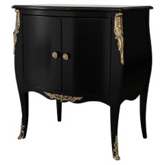 Midcentury Black Lacquered French Louis XV Style Bombe Chest Att. To Bodart