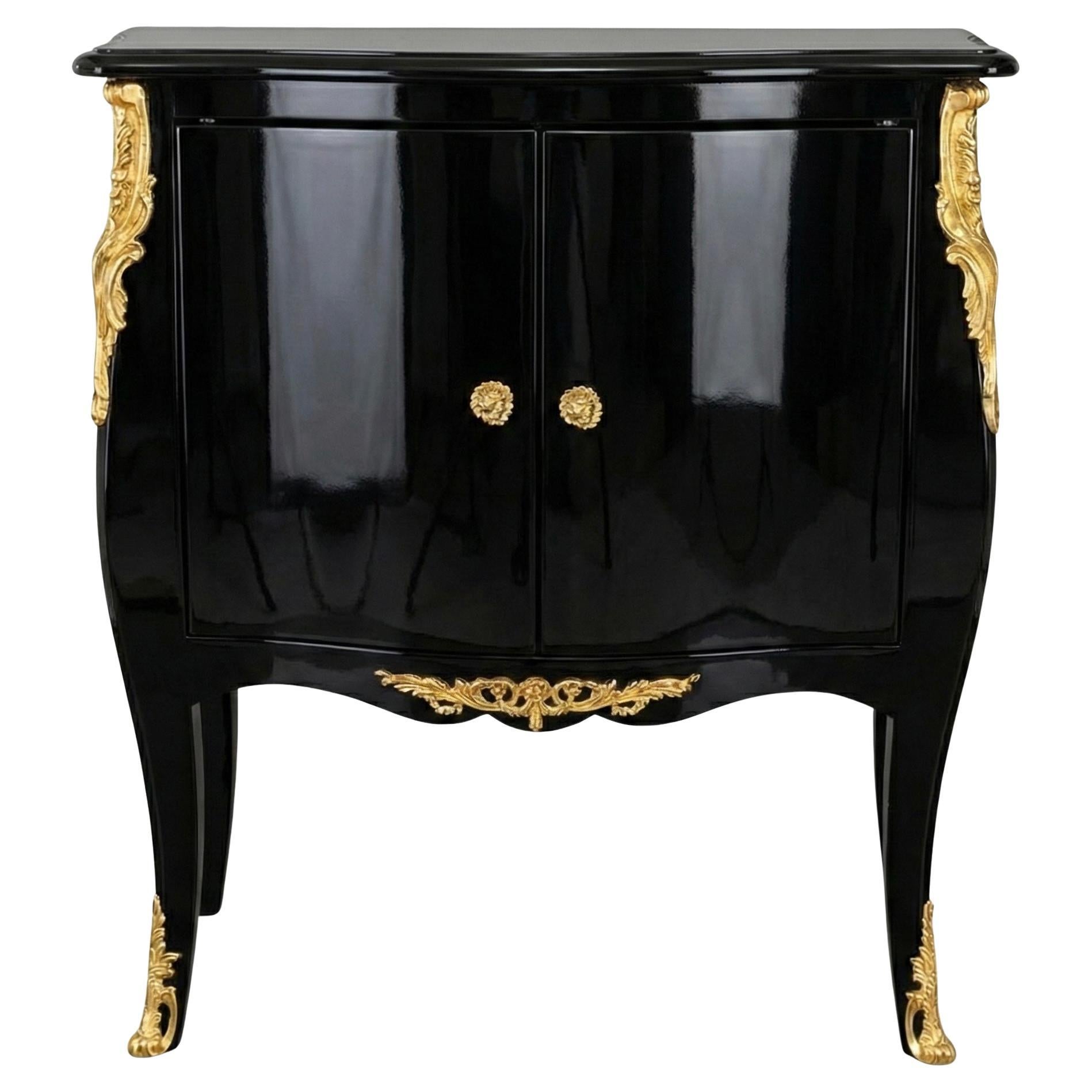Midcentury Black Lacquered French Louis XV Style Bombe Chest Att. To Bodart