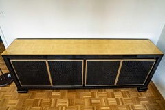 Midcentury Black Lacquered Italian Credenza with Gold Leaf Glass Top