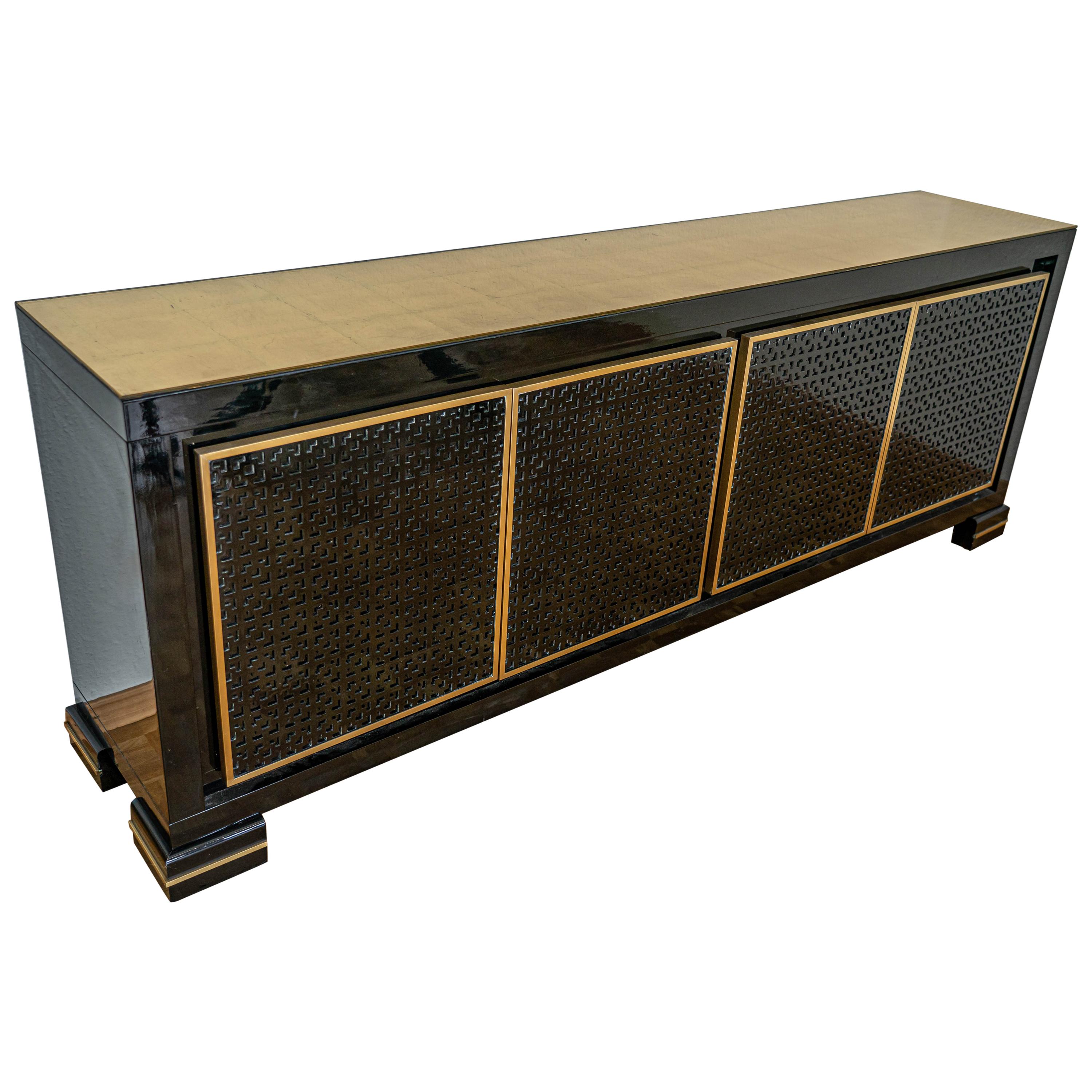 Midcentury Black Lacquered Italian Credenza with Gold Leaf Glass Top