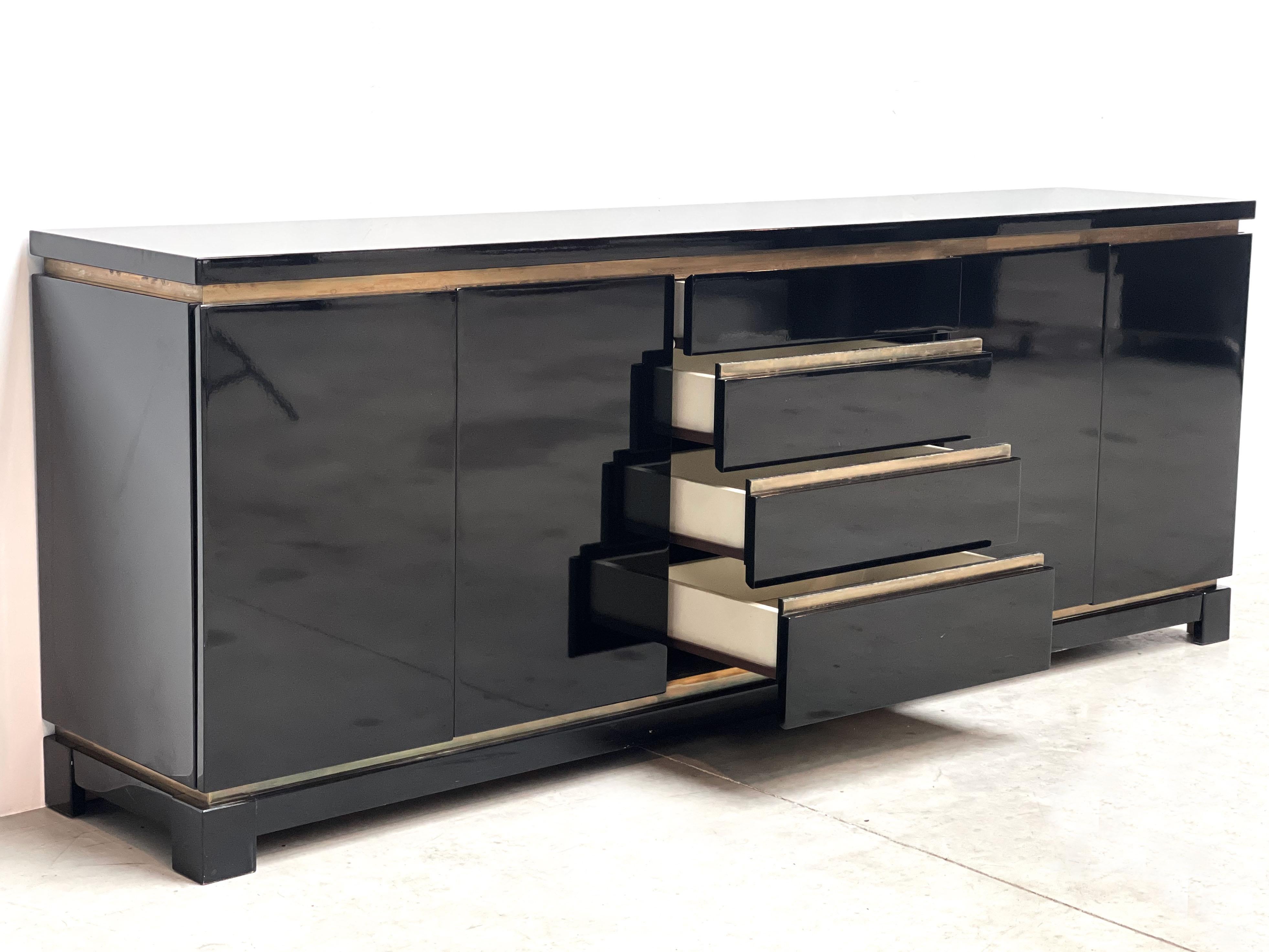 Wood Midcentury Black Lacquered Sideboard by Jean Claude Mahey
