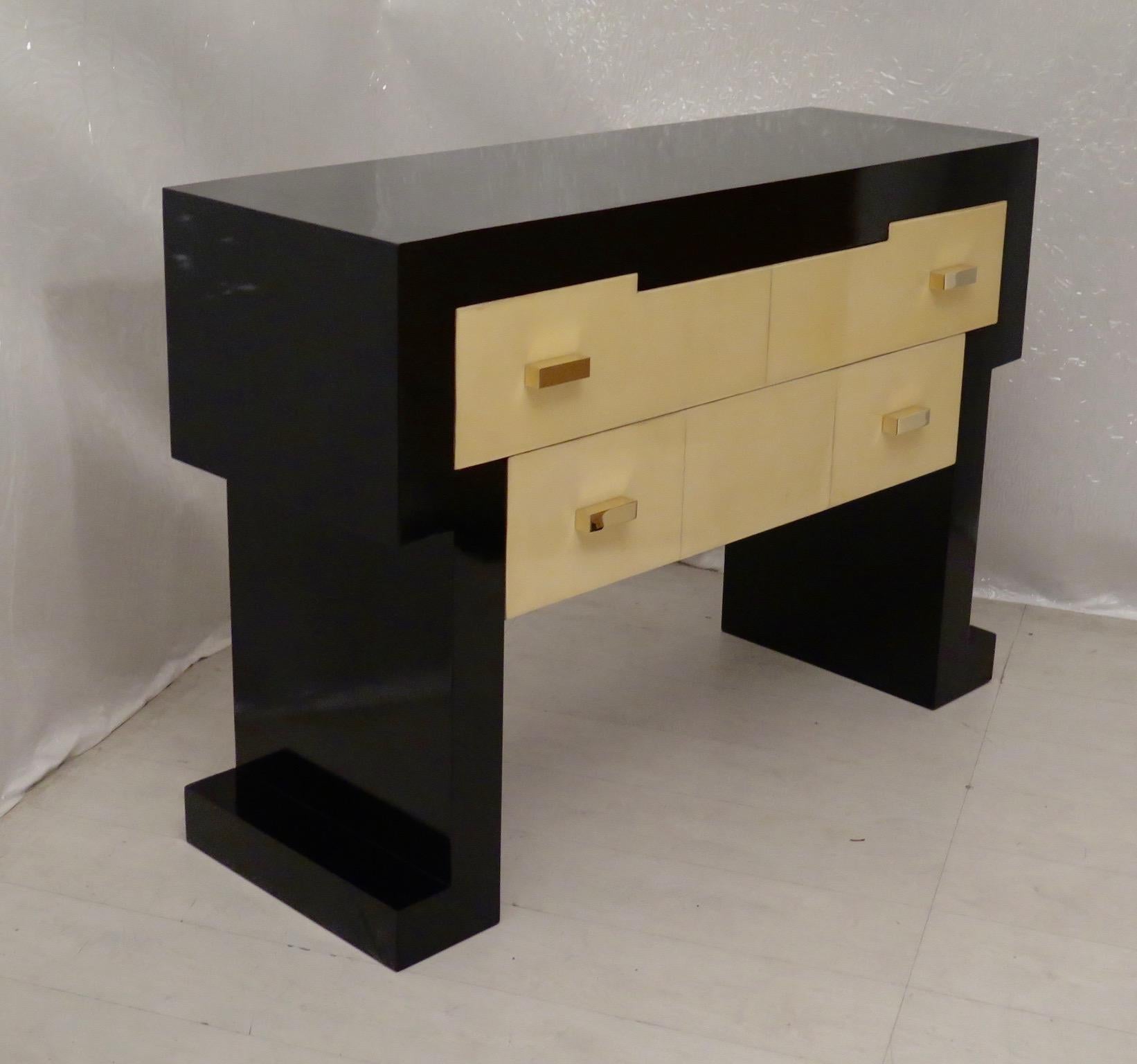 Brass Midcentury Black Lacquered Wood and Parchment Italian Commodes, 1950