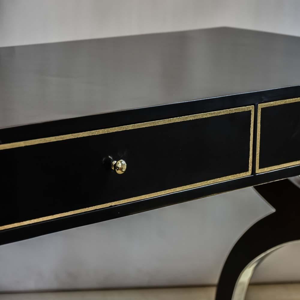Brass Midcentury Black Lacquered Wooden Desk Italian Design Attributed to Paolo Buffa