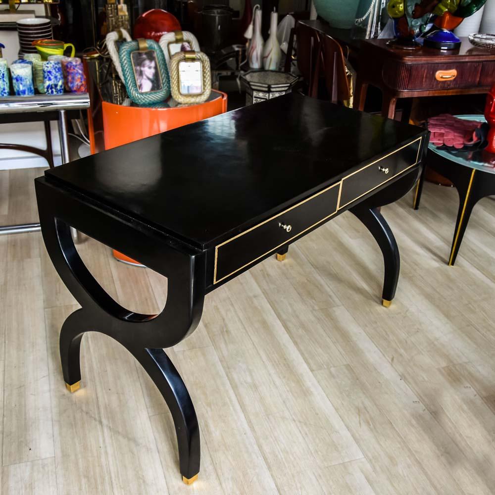 Midcentury Black Lacquered Wooden Desk Italian Design Attributed to Paolo Buffa 3