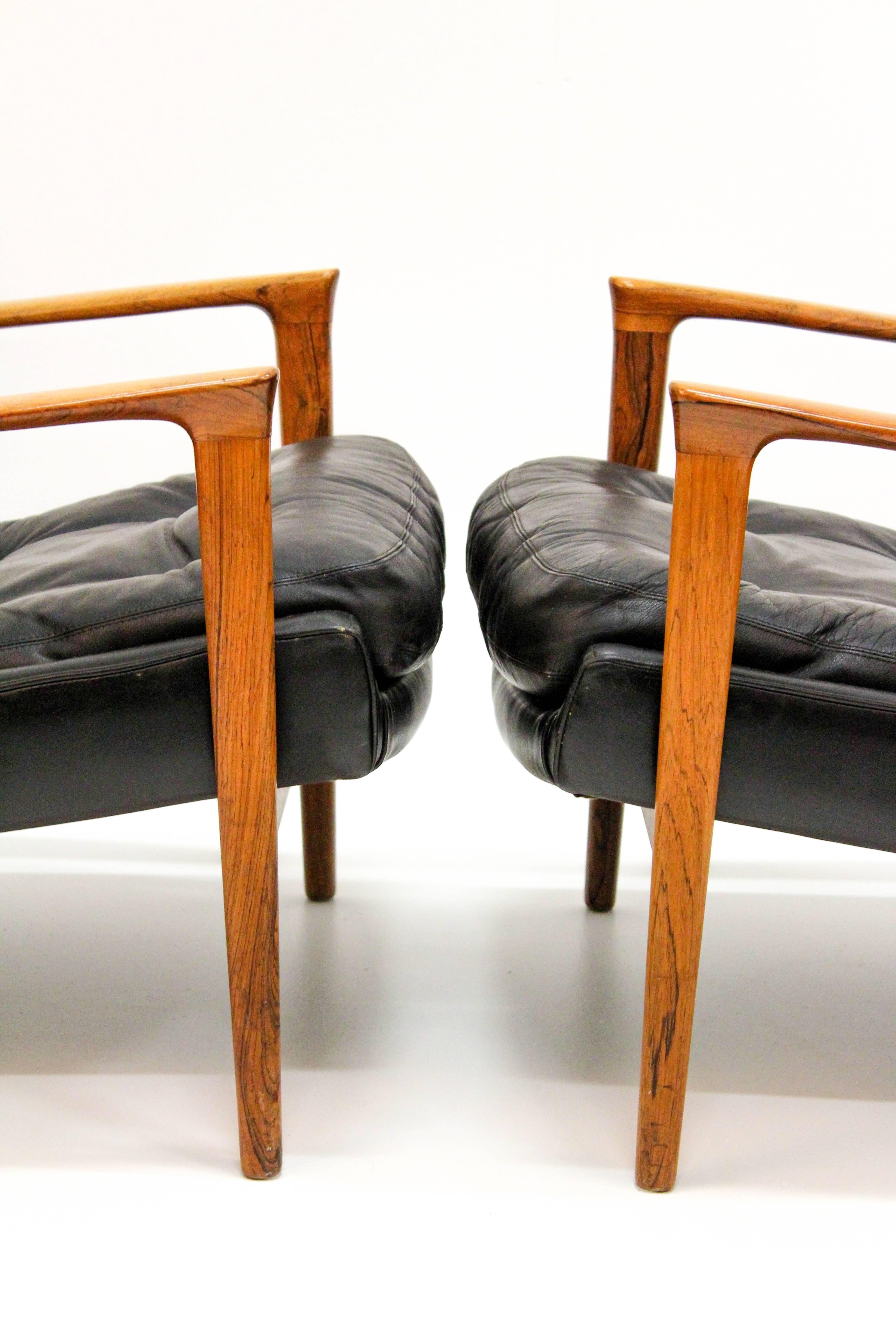 Midcentury Black Leather and Rosewood Lounge Chairs by Bröderna Andersson 4