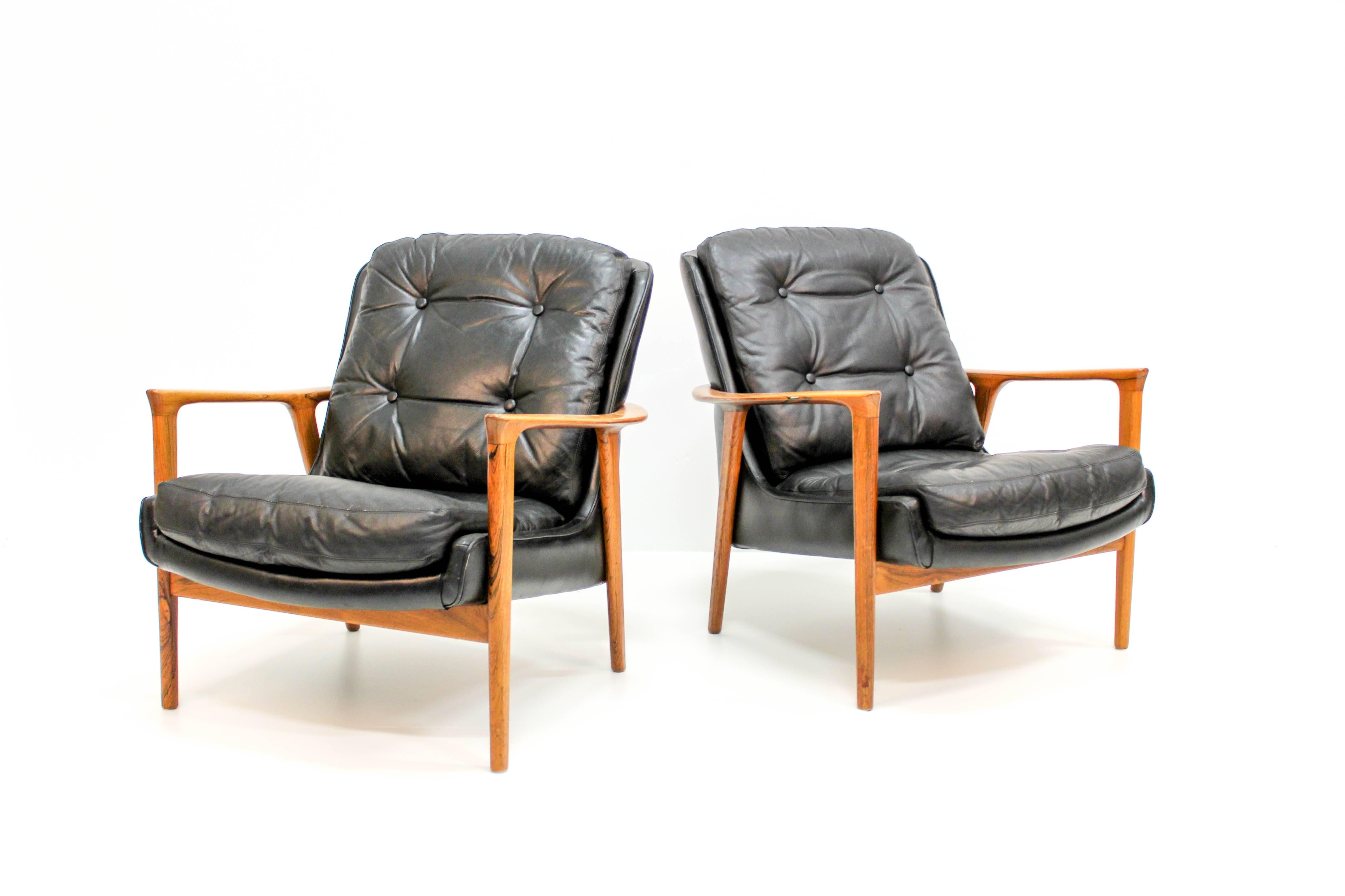 Scandinavian Modern Midcentury Black Leather and Rosewood Lounge Chairs by Bröderna Andersson